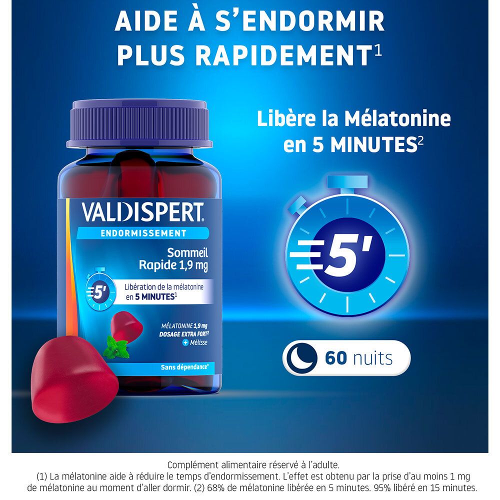 VALDISPERT Endormissement: Flacon de 60 gummies libérant la mélatonine en 5 minutes.