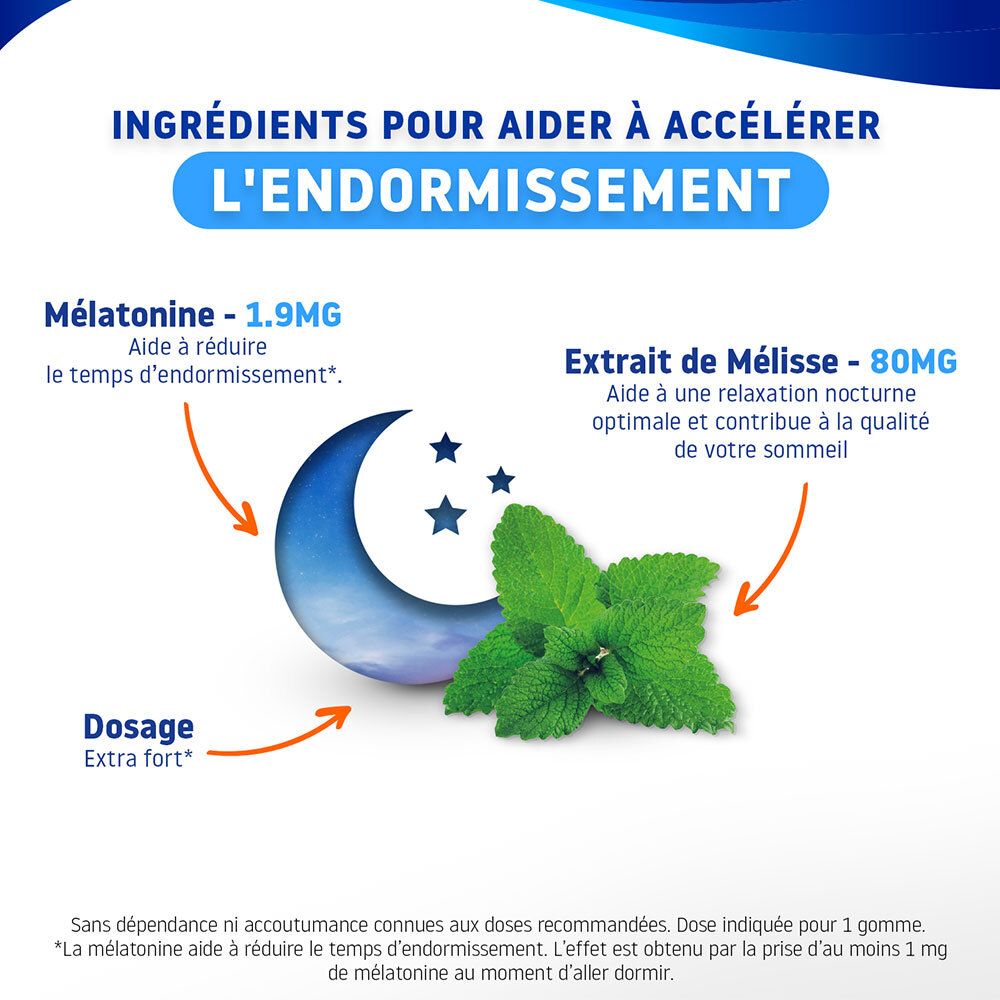 VALDISPERT Endormissement: Ingrédients pour un endormissement rapide: Mélatonine 1,9mg, Mélisse.