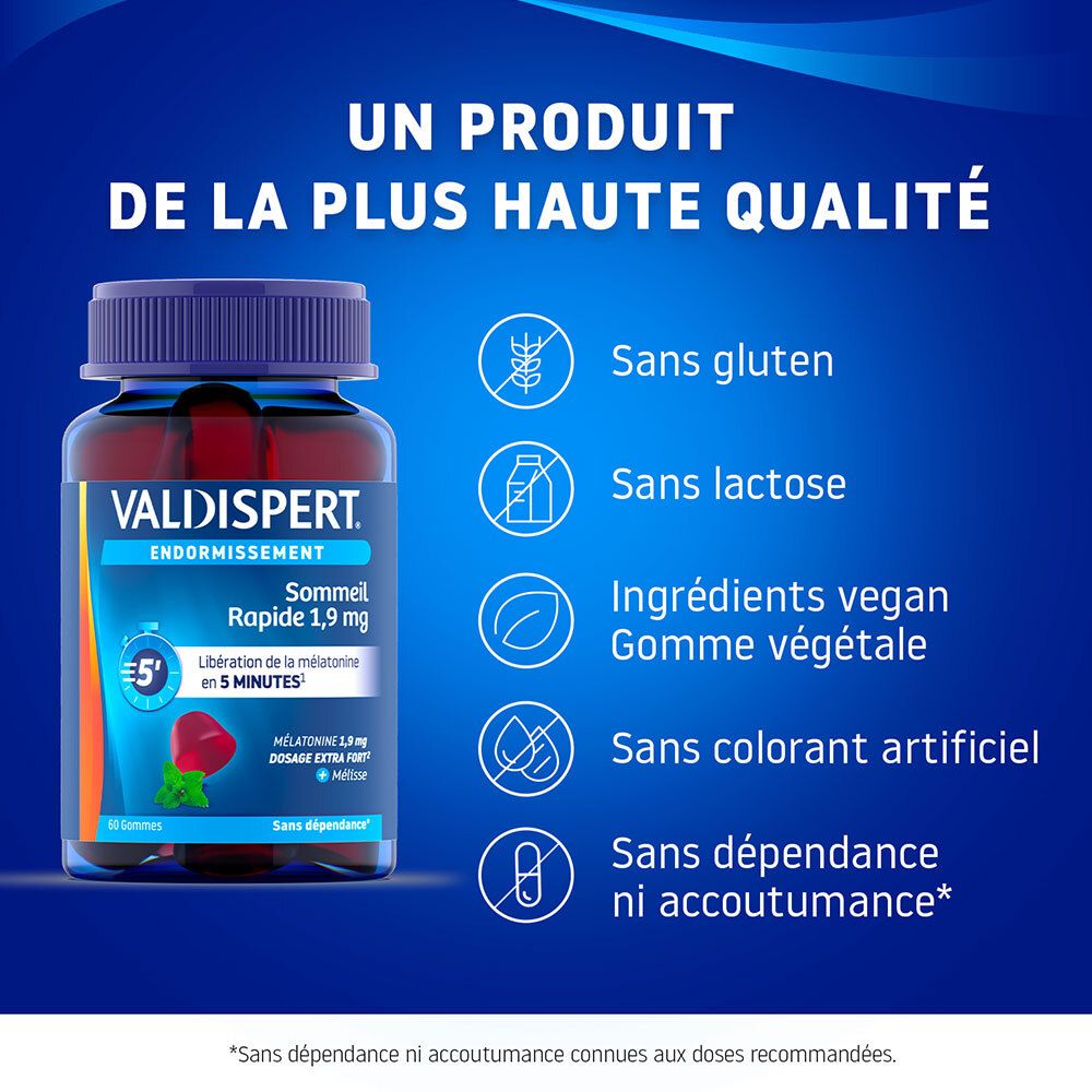 VALDISPERT Endormissement: Vegan, sans gluten, sans lactose, sans colorant artificiel.