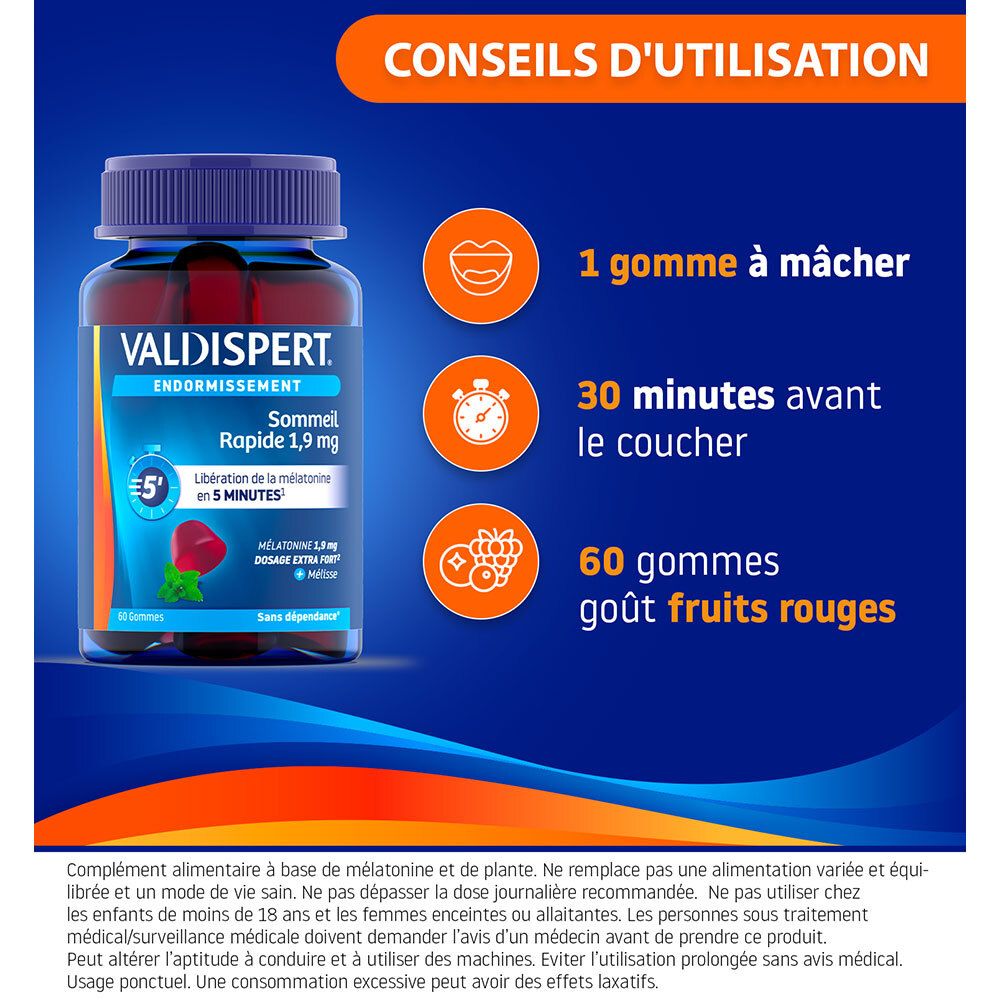 VALDISPERT Endormissement: Utilisation: 1 gummy à mâcher 30 min avant le coucher.