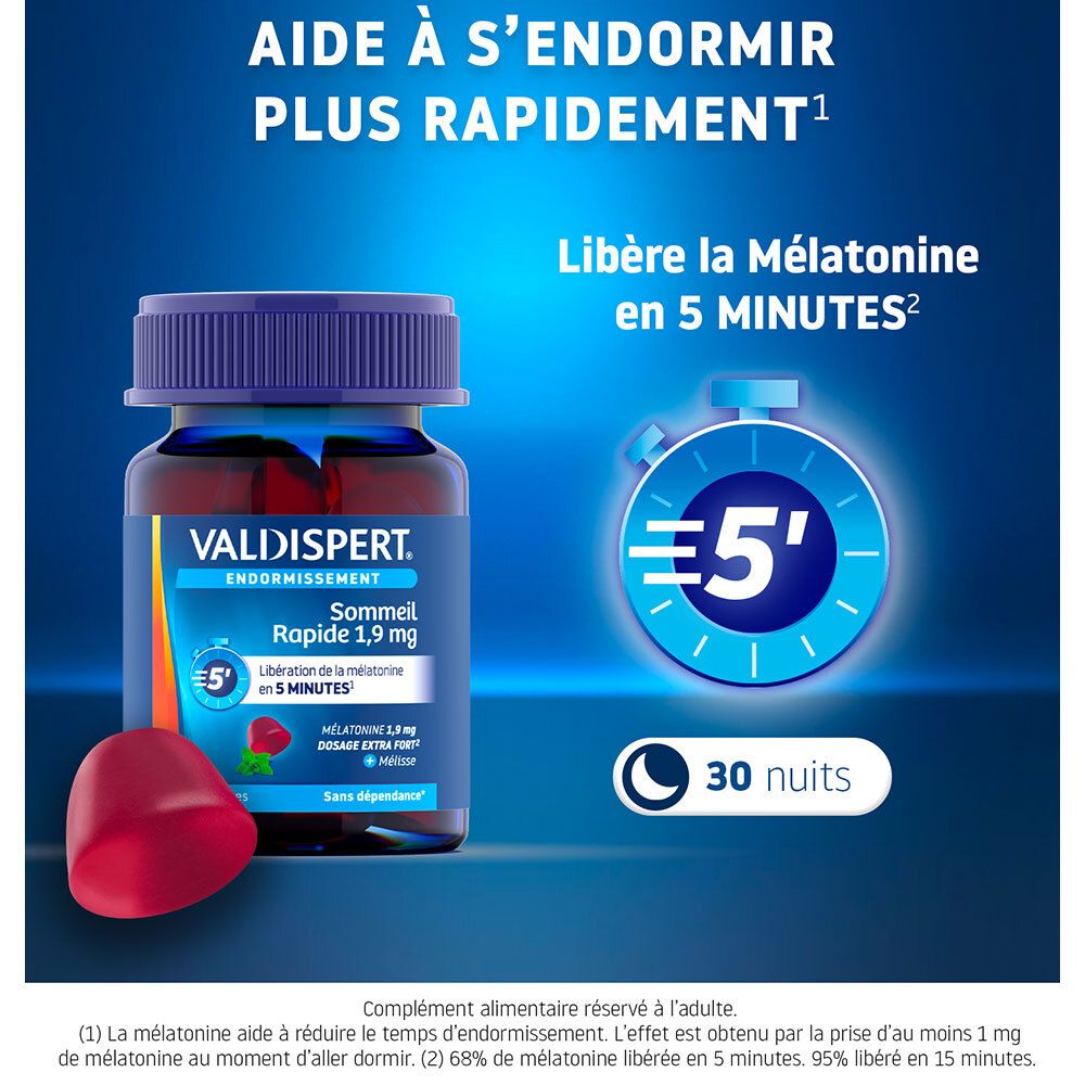 VALDISPERT Endormissement: Flacon de 30 gommes, baie, et symbole temporel pour un endormissement rapide.