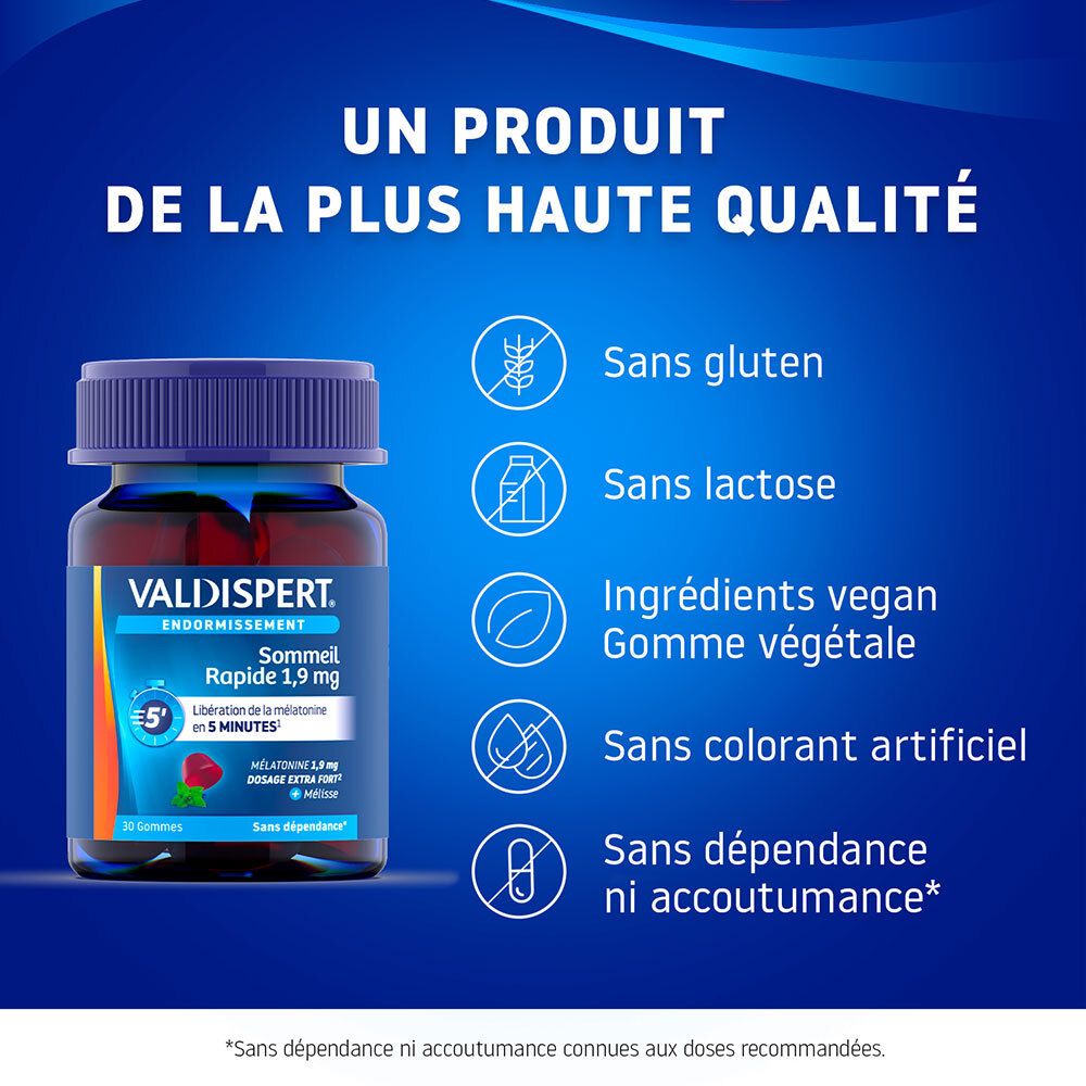 VALDISPERT Endormissement: Sans gluten, lactose, colorants. Gommes vegan. Sans dépendance.