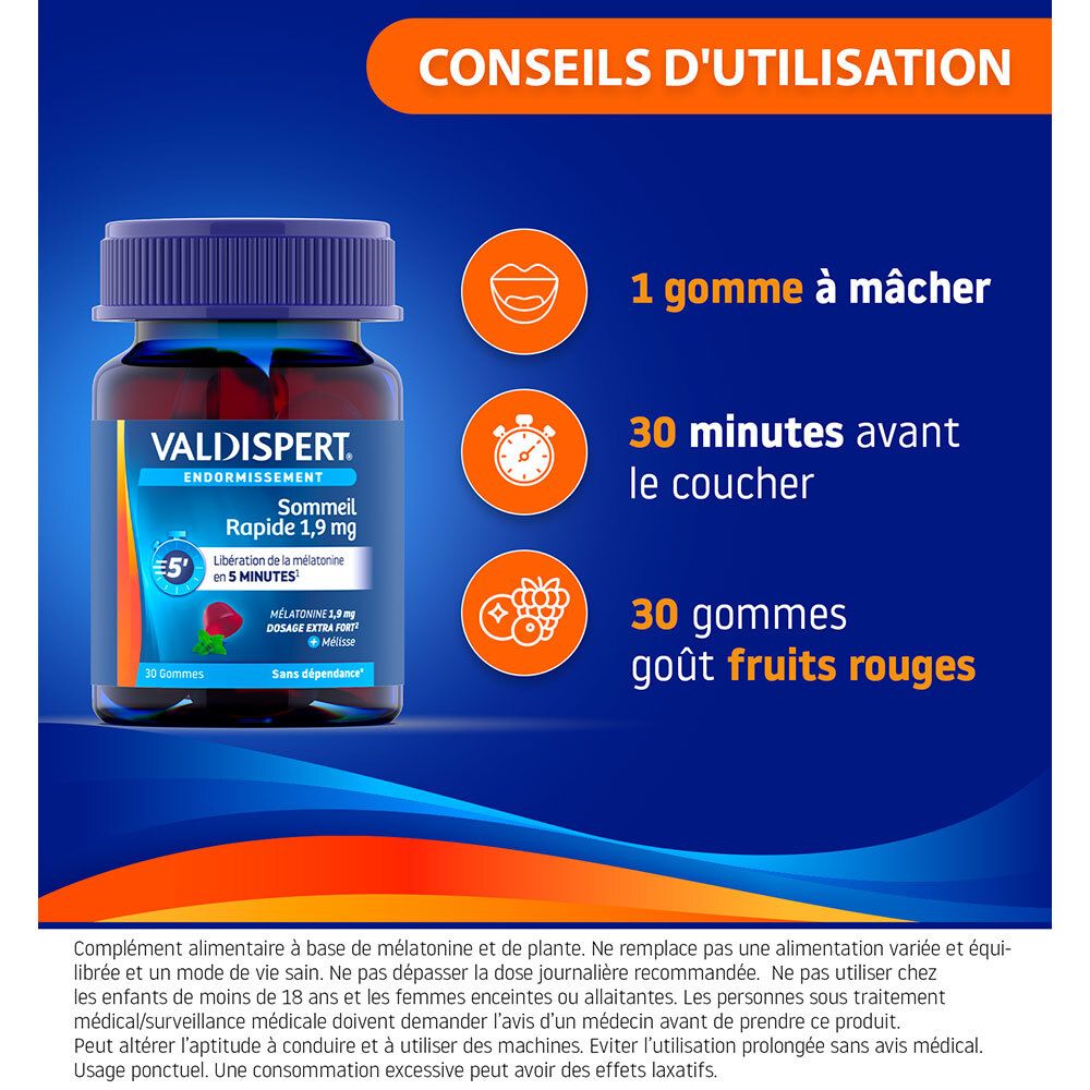 VALDISPERT Endormissement: 1 gomme à mâcher, 30 min avant le coucher. 30 gommes, goût fruits rouges.