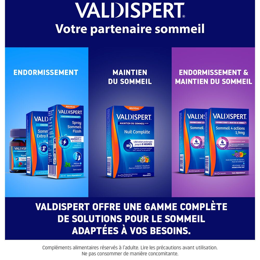 VALDISPERT: Gamme de solutions pour le sommeil. Endormissement, maintien, combiné. Flacons et boîtes.
