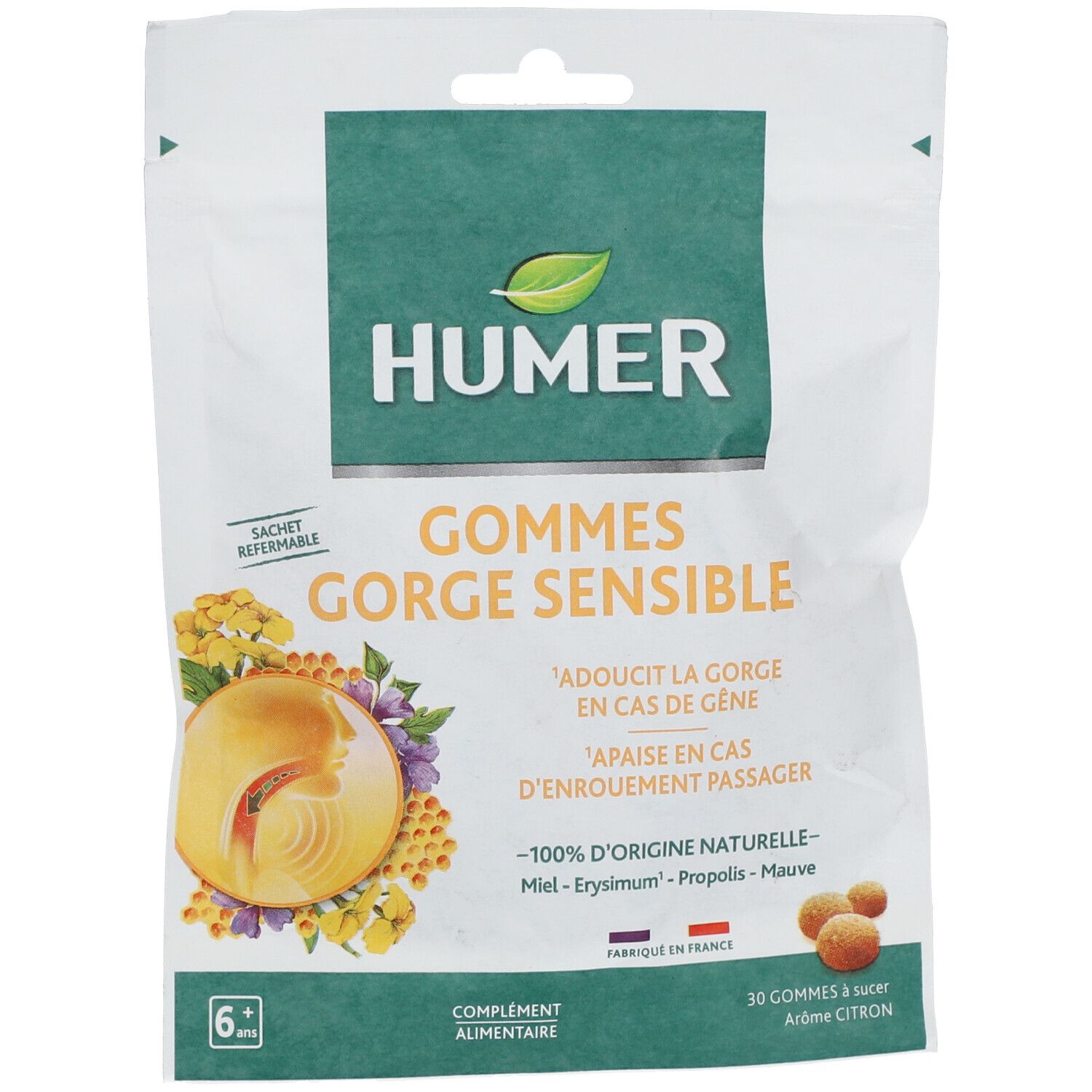 Face avant du sachet HUMER Gommes gorge sensible. Sachet blanc avec nom et logo. Illustration de gorge et gommes.