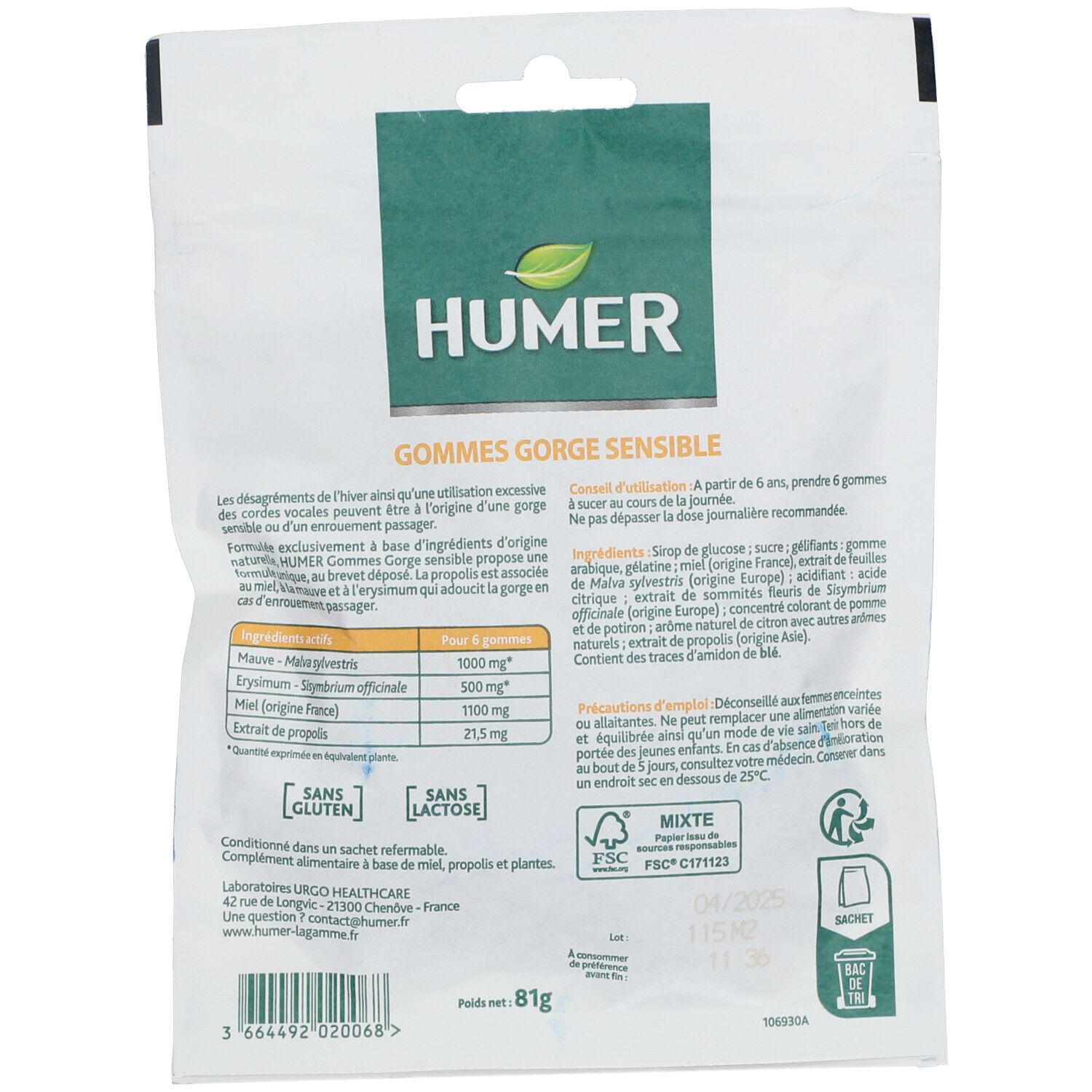 Dos du sachet HUMER Gommes gorge sensible. Sachet blanc avec nom et logo. Informations textuelles et ingrédients.