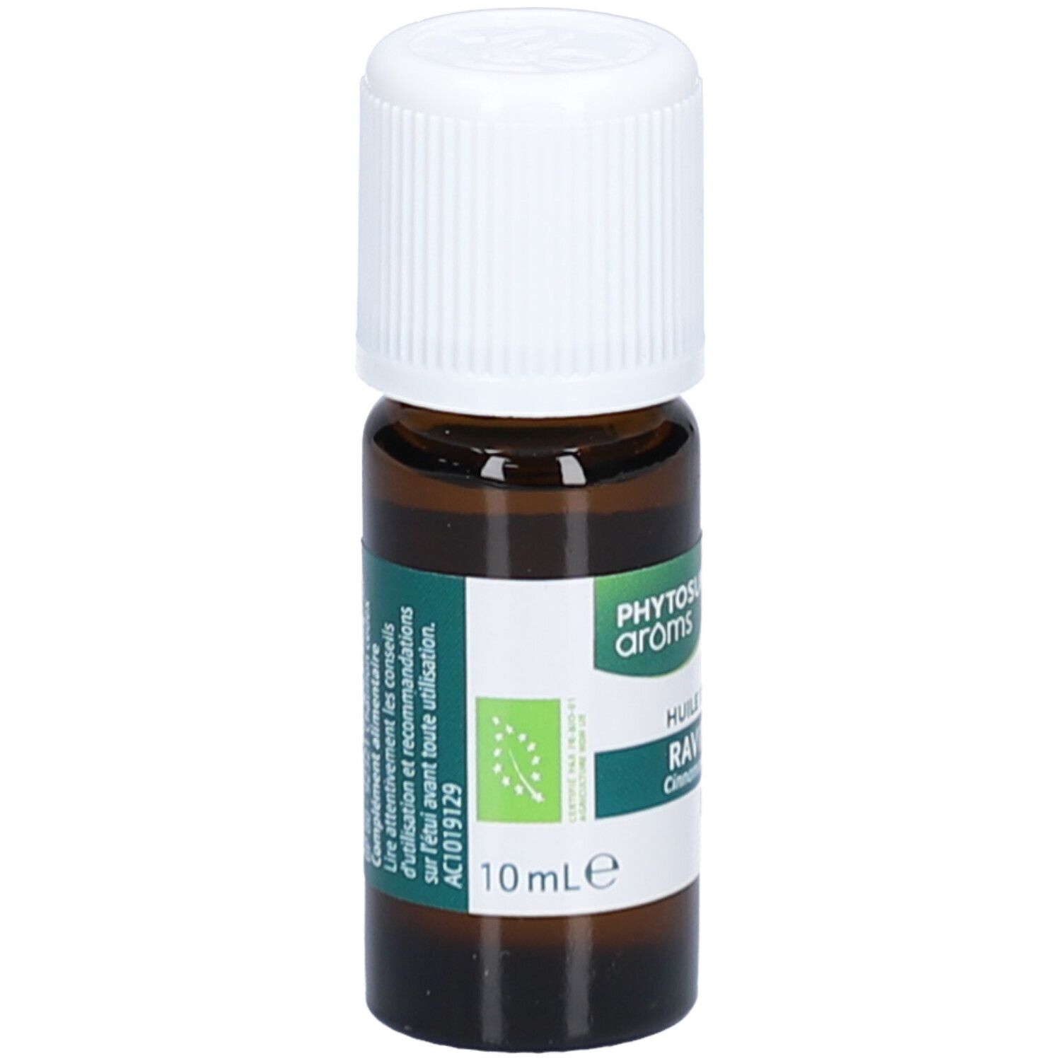 Flacon en verre brun avec bouchon blanc. Étiquette avec texte et logo. 10 ml. Certification.