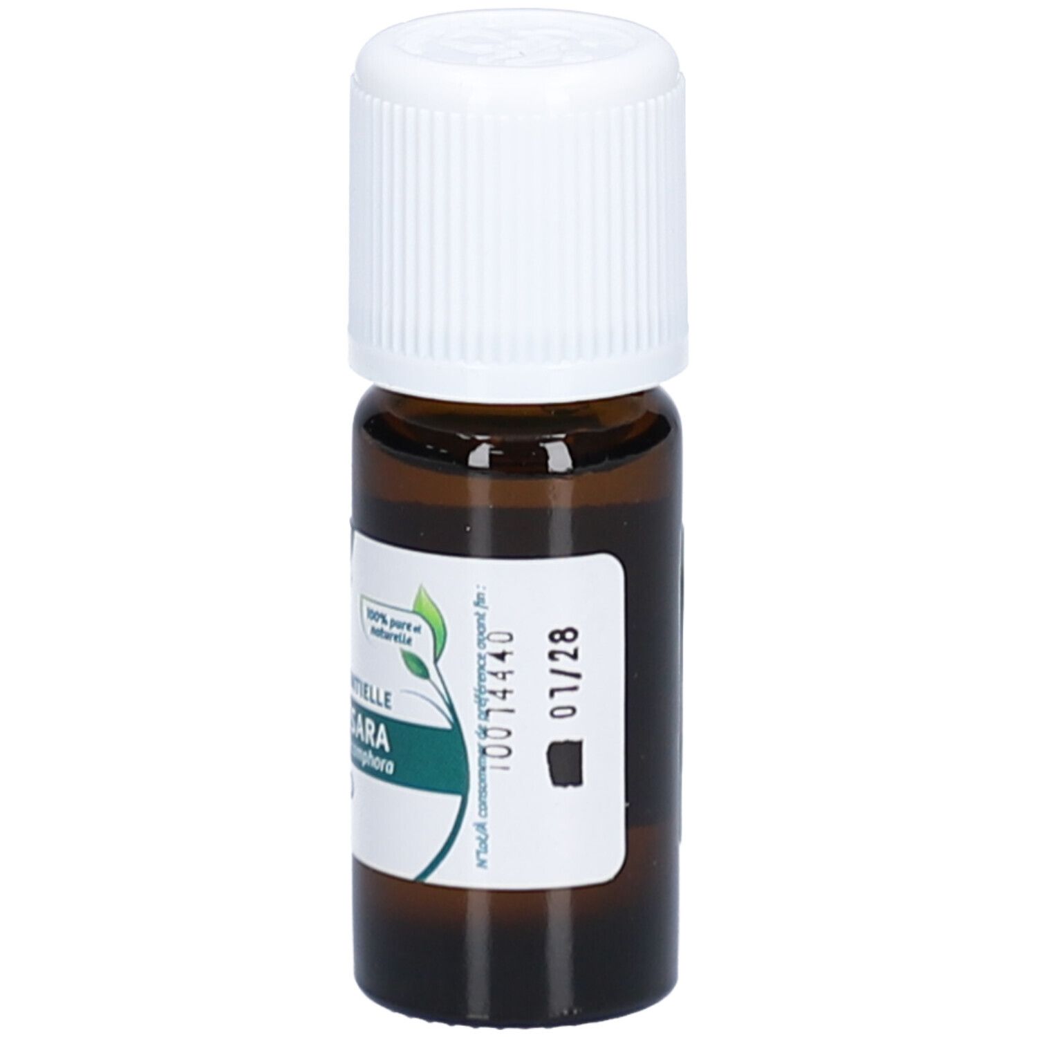 Flacon en verre brun avec bouchon blanc. Étiquette avec texte. 01/28. Huiles essentielles 100% pures et naturelles.