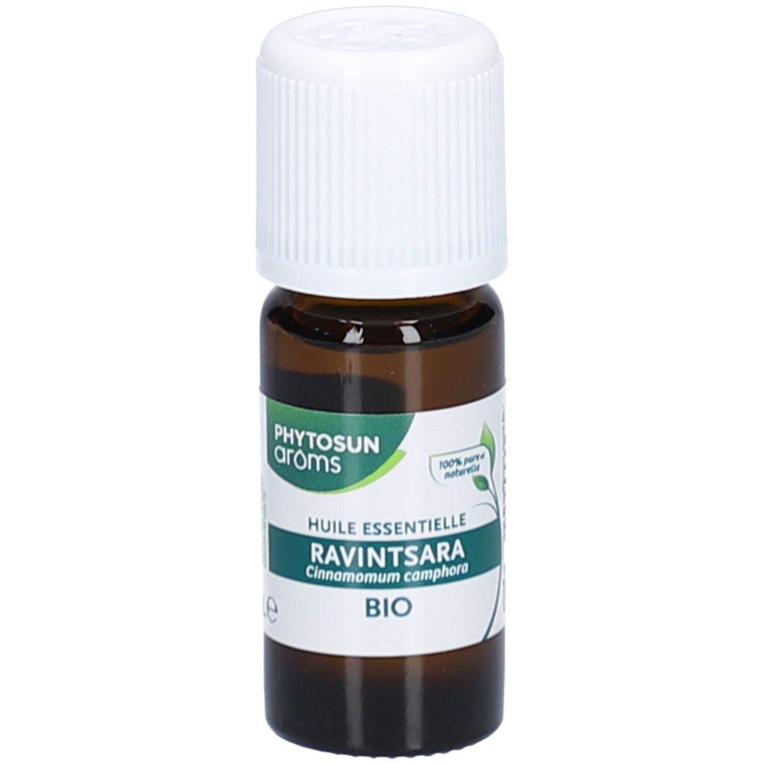 Flacon en verre brun avec bouchon blanc. Étiquette avec texte et logo. Certification BIO. Huiles essentielles 100% pures et naturelles.