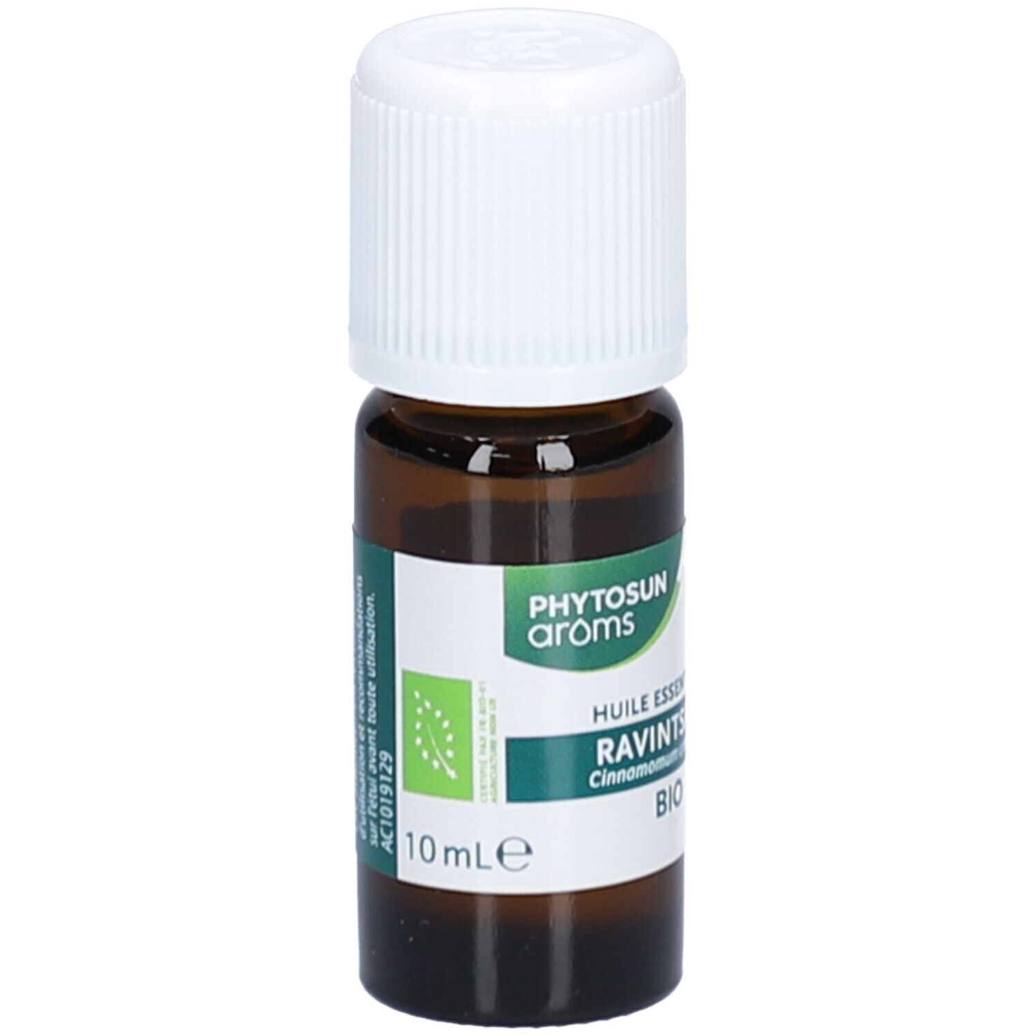 Flacon en verre brun avec bouchon blanc. Étiquette avec texte et logo. Certification BIO. 10 ml.