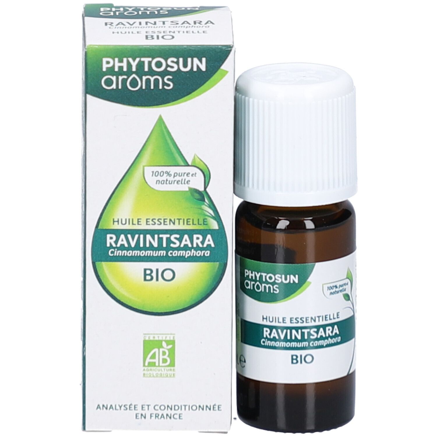 Emballage du produit avec flacon. Boîte avec logo et texte. Flacon avec bouchon blanc. Certification BIO.