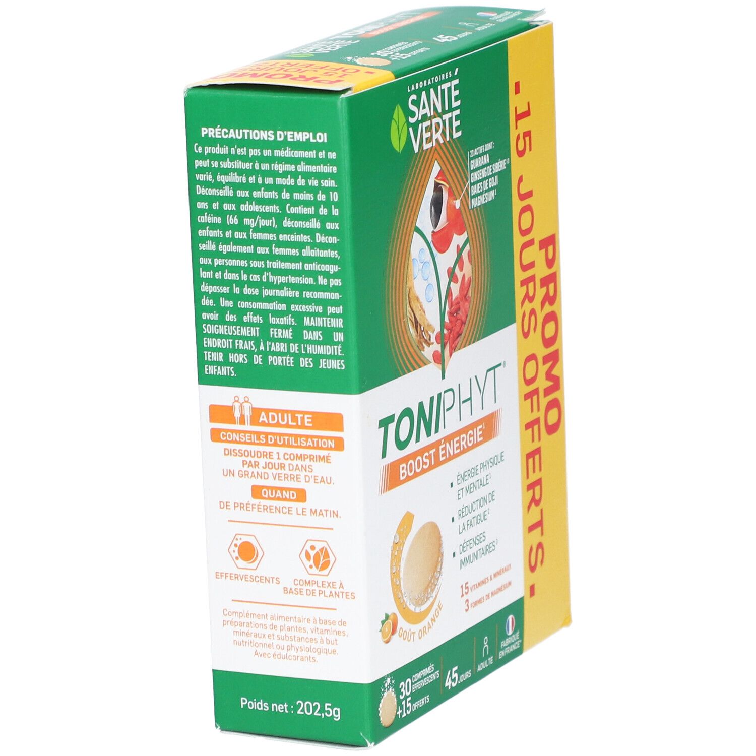 Boîte verte TONIPHYT BOOST ÉNERGIE. 30 comprimés effervescents + 15 offerts. Goût orange. Pour adultes.
