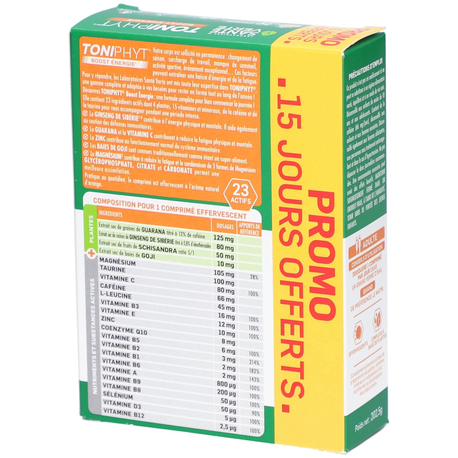 Dos de la boîte verte TONIPHYT BOOST ÉNERGIE. Ingrédients, informations nutritionnelles et 23 actifs.