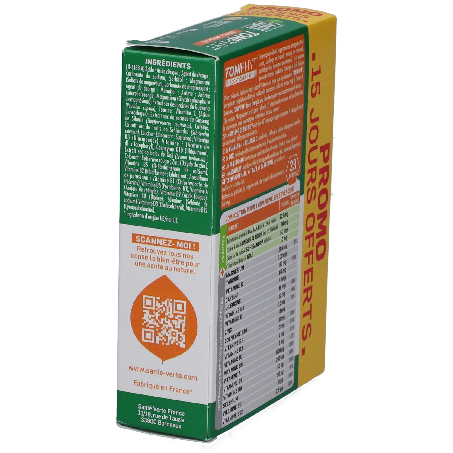 Côté de la boîte verte TONIPHYT BOOST ÉNERGIE. Ingrédients et QR code pour plus d'informations.
