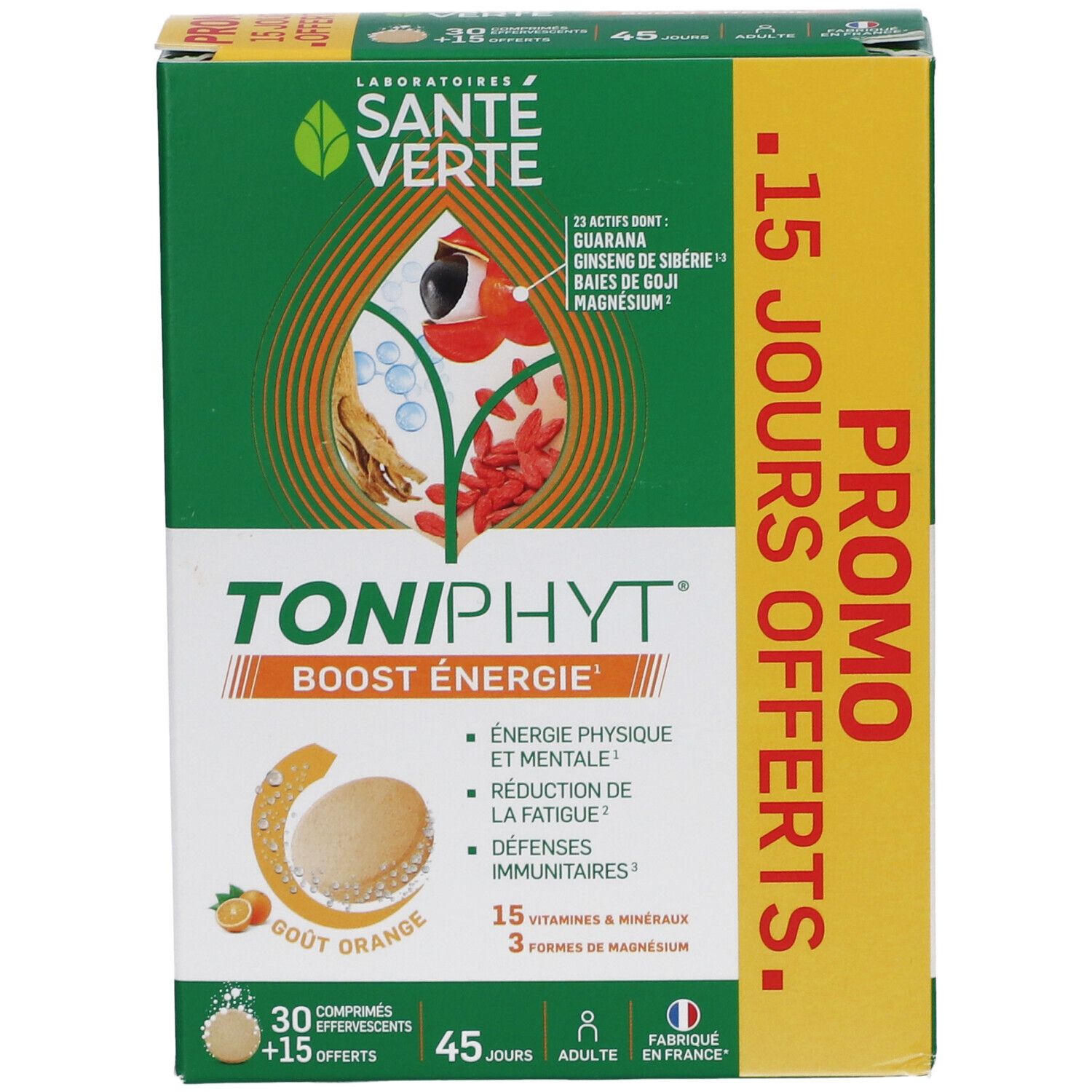 Boîte verte TONIPHYT BOOST ÉNERGIE. 30 comprimés effervescents + 15 offerts. Goût orange. 15 vitamines & minéraux.