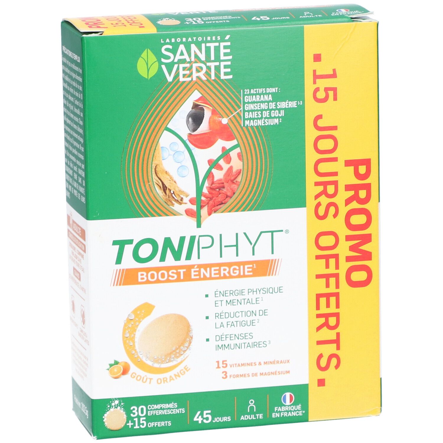 Boîte verte TONIPHYT BOOST ÉNERGIE. 30 comprimés effervescents + 15 offerts. Goût orange. 15 vitamines & minéraux.