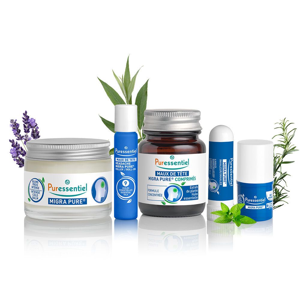 Différents produits. Inscription : Maux de tête Migra Pure®. Crèmes, sticks nasaux et flacons.