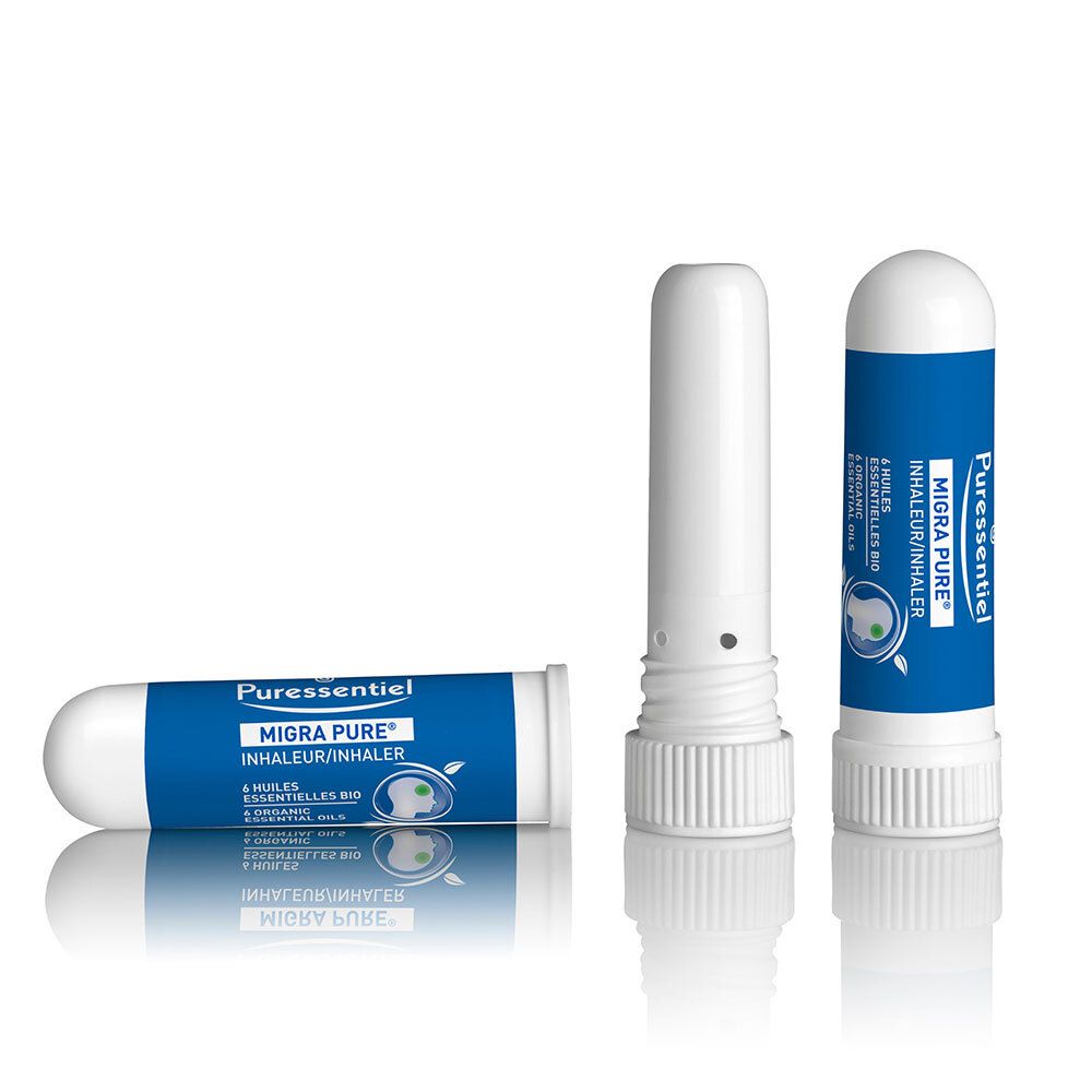 Inhalateur avec bande bleue. Capuchon blanc. PURESSENTIEL MIGRAPURE. Trois vues.