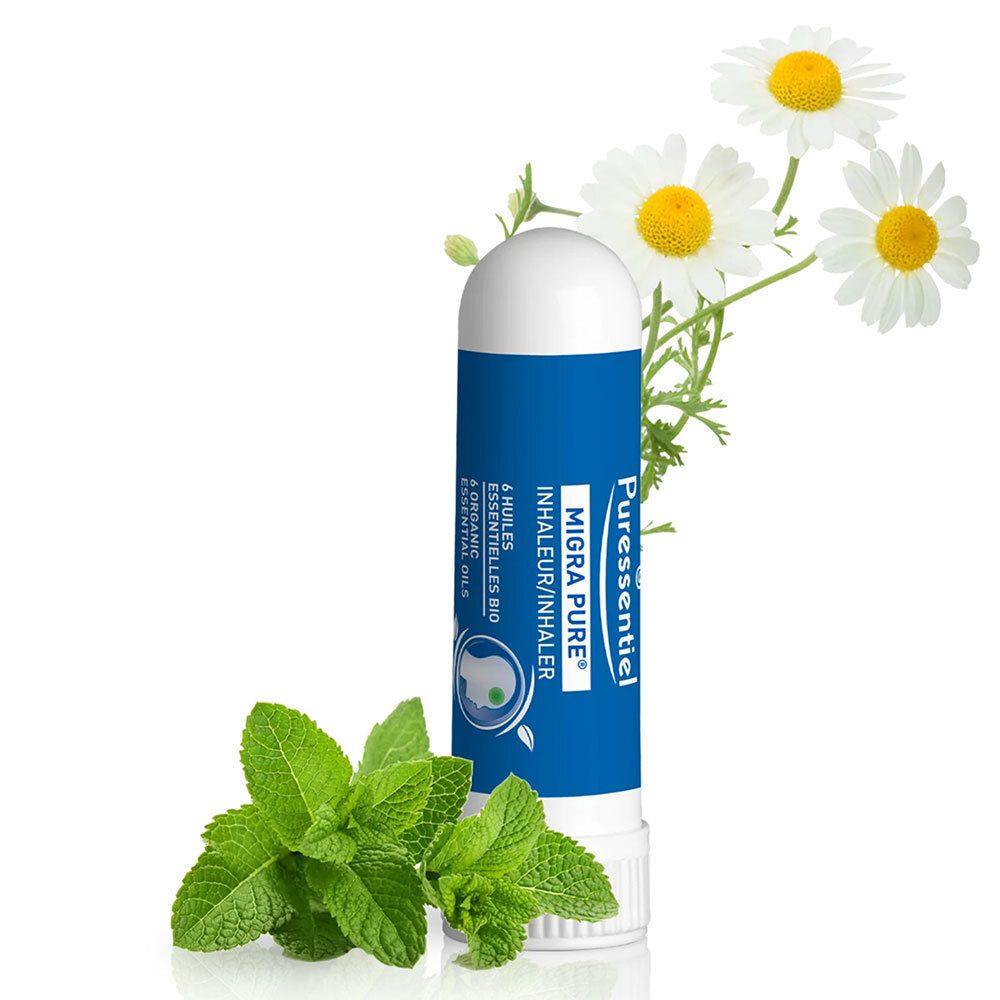 Inhalateur avec bande bleue. Camomille et menthe. PURESSENTIEL MIGRAPURE.