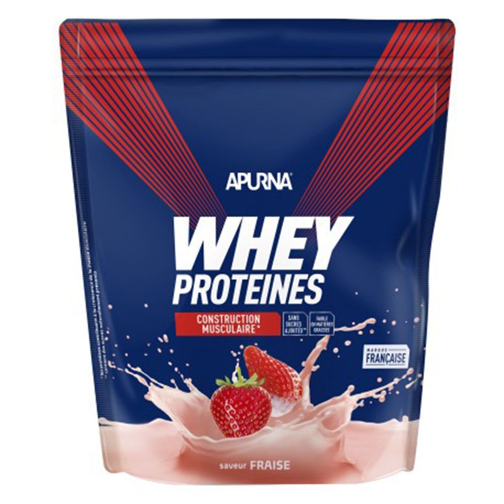 Sachet APURNA WHEY PROTEINES FRAISE. Fond bleu et rouge. Fraises et éclaboussures de lait. Texte: WHEY PROTEINES, saveur FRAISE.