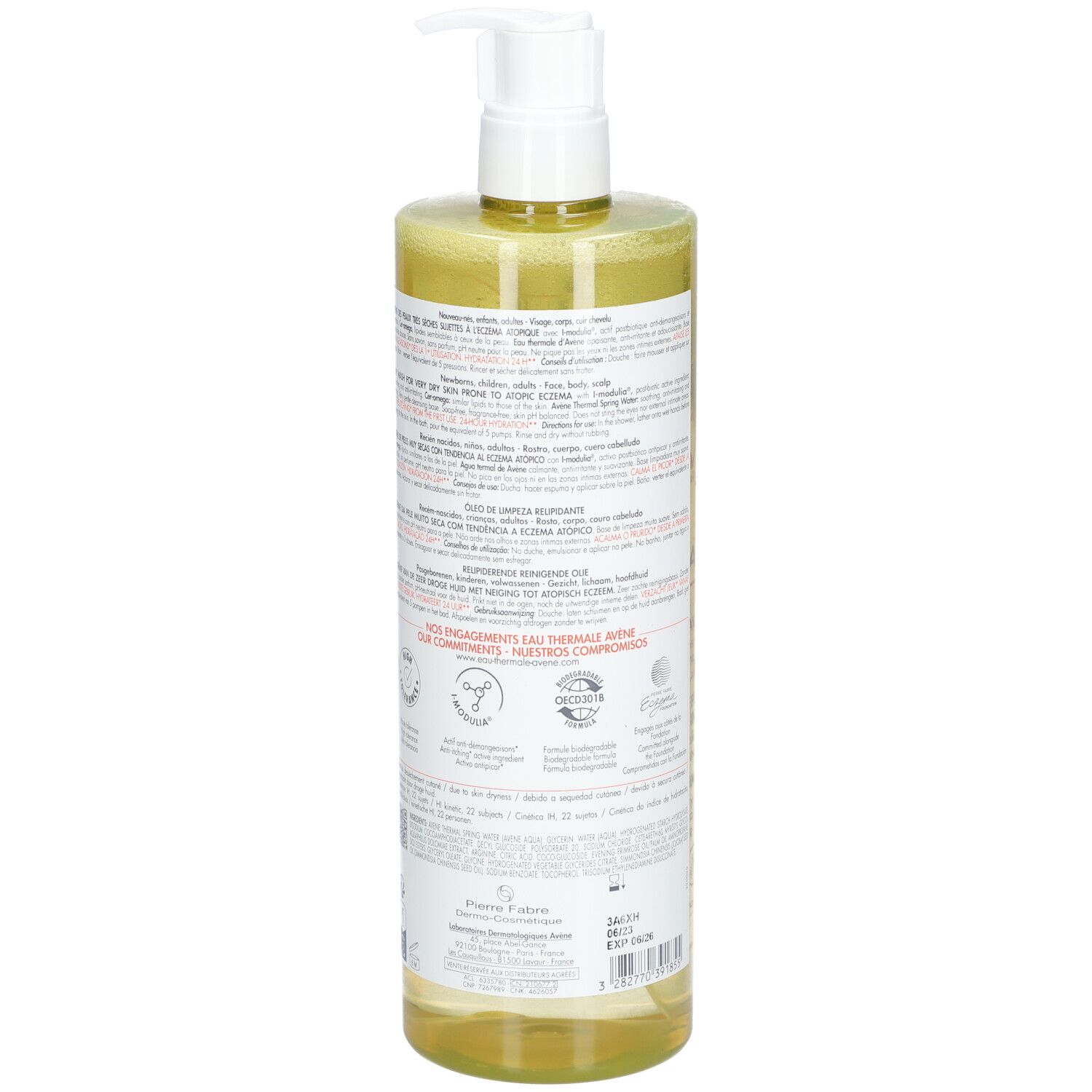 Vue arrière du flacon Avène XeraCalm A.D. Huile lavante relipidante. Texte et logos sur étiquette.