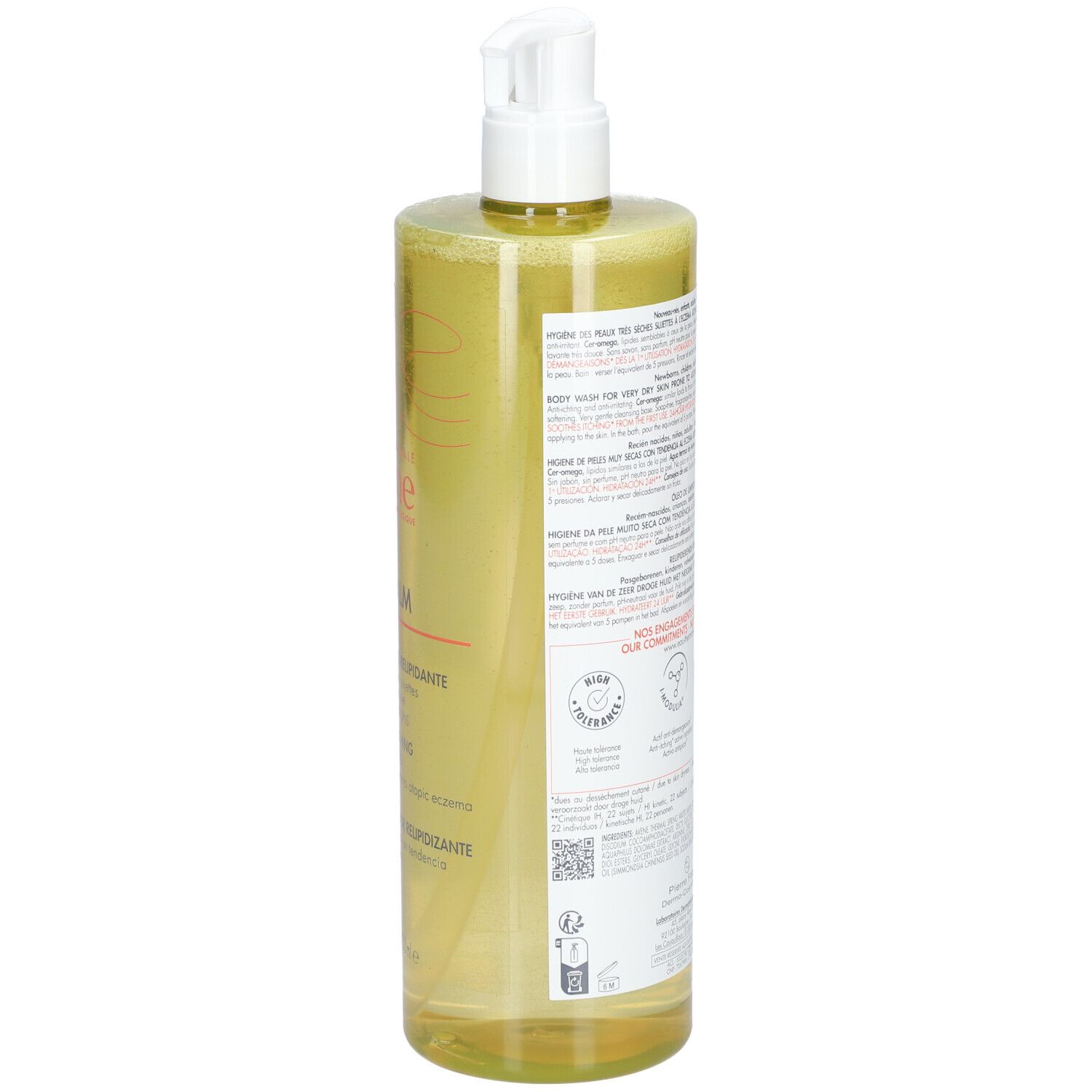 Vue arrière du flacon Avène XeraCalm A.D. Huile lavante relipidante. Texte et logos sur étiquette.