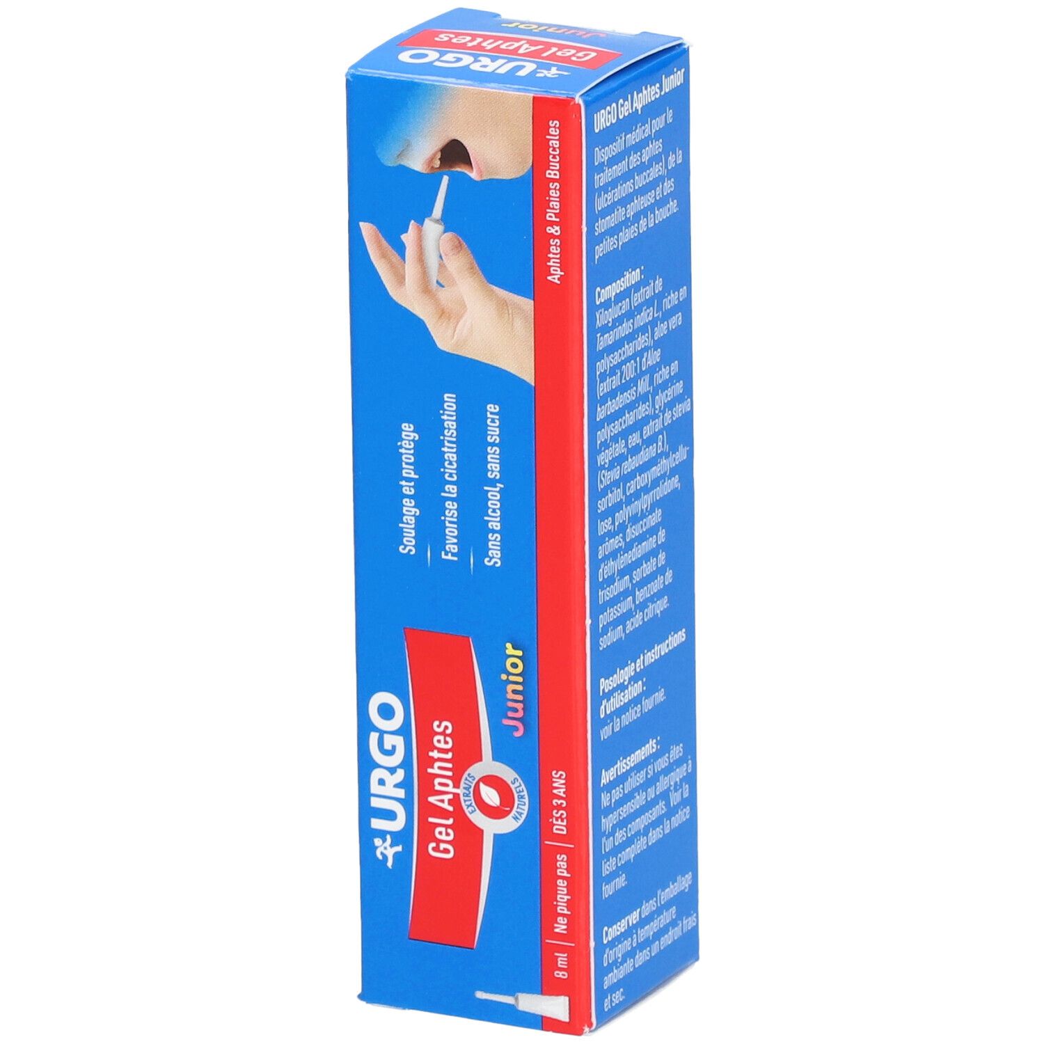 Boîte bleue, produit URGO Gel Aphtes Junior. Texte: Aphtes & Plaies Buccales. Illustration: bouche avec applicateur. Dos avec texte.