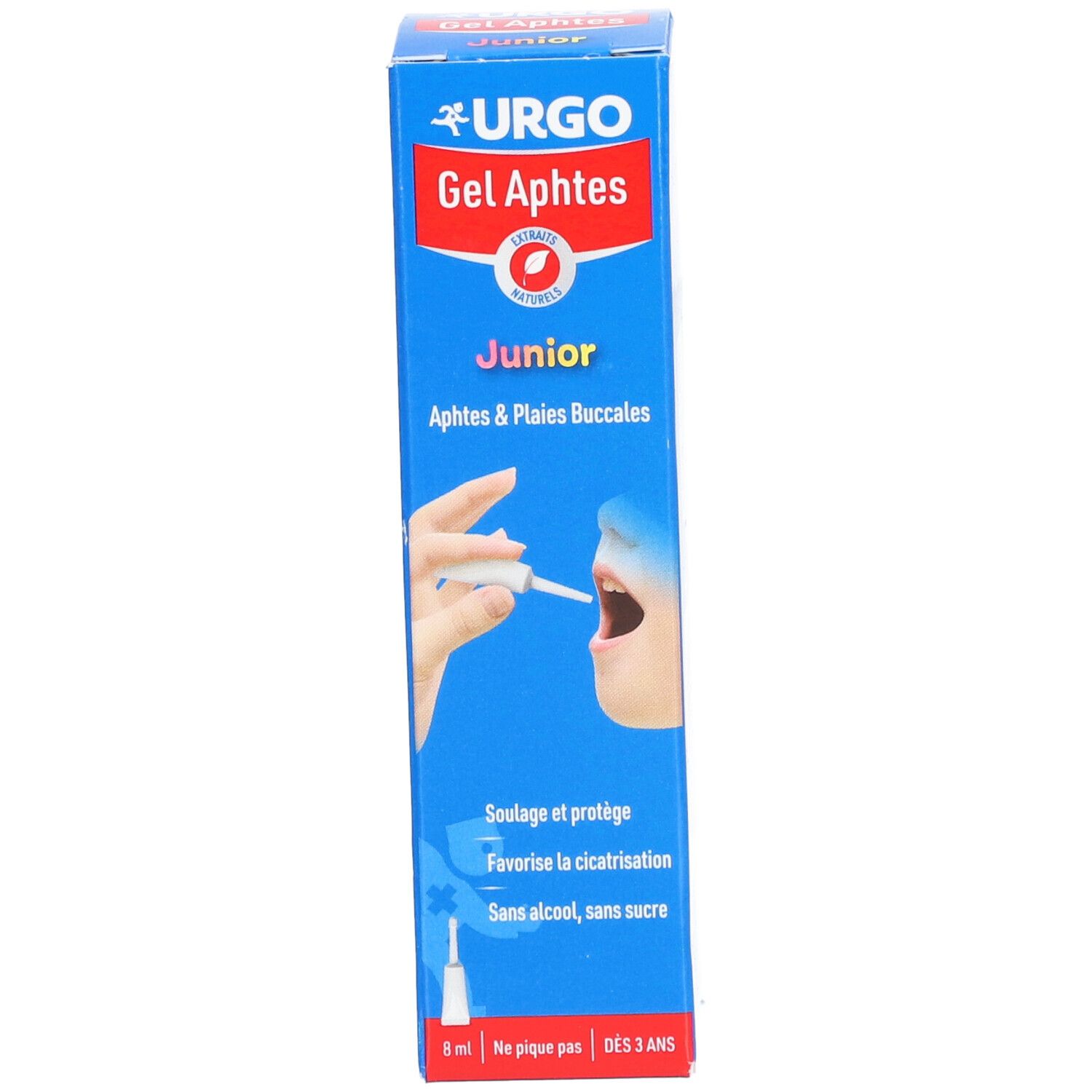 Boîte bleue, produit URGO Gel Aphtes Junior. Texte: Aphtes & Plaies Buccales. Illustration: bouche avec applicateur.