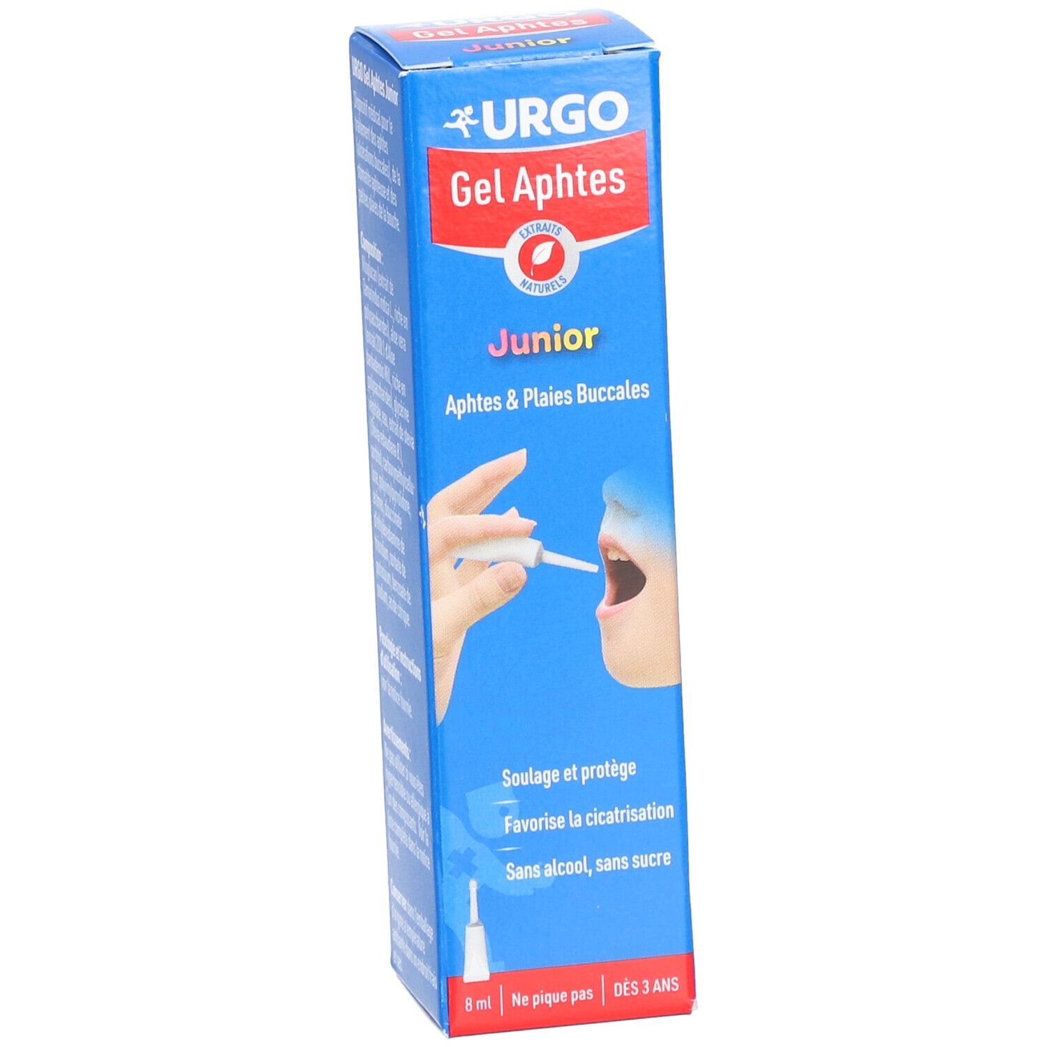 Boîte bleue, produit URGO Gel Aphtes Junior. Texte: Aphtes & Plaies Buccales. Illustration: bouche avec applicateur.