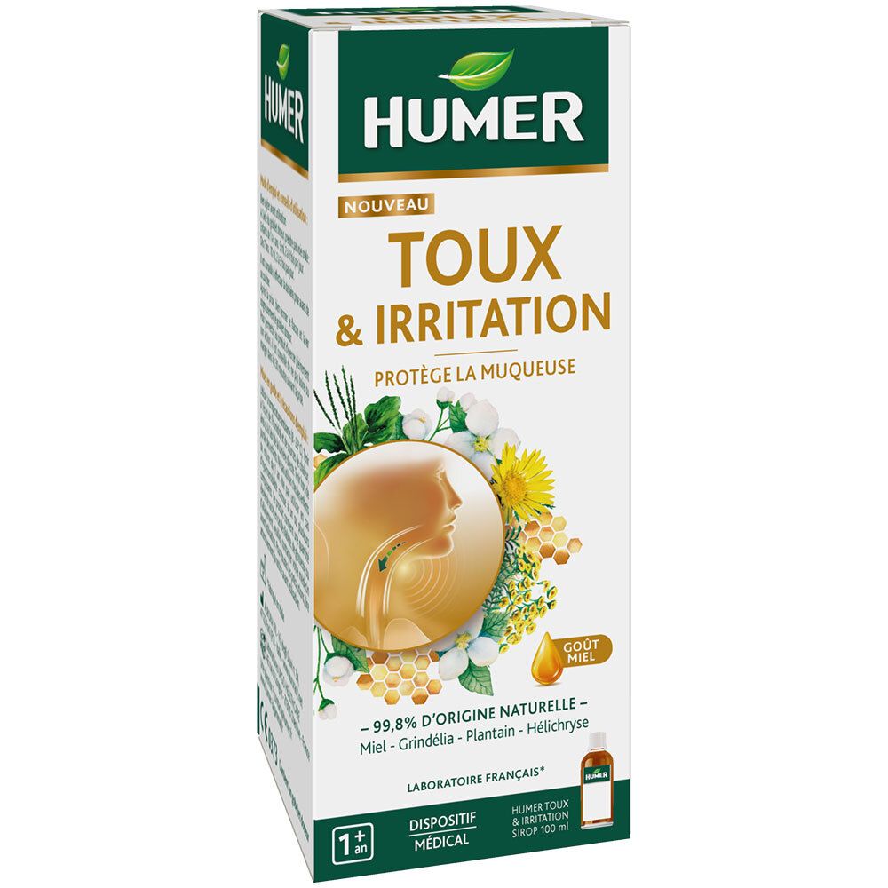 Boîte de HUMER Toux & Irritation. Carton blanc avec nom du produit et illustrations. Dispositif médical.