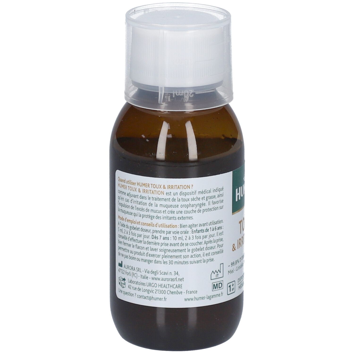 Flacon brun avec bouchon blanc. Inscription HUMER Toux & Irritation. Texte en français.