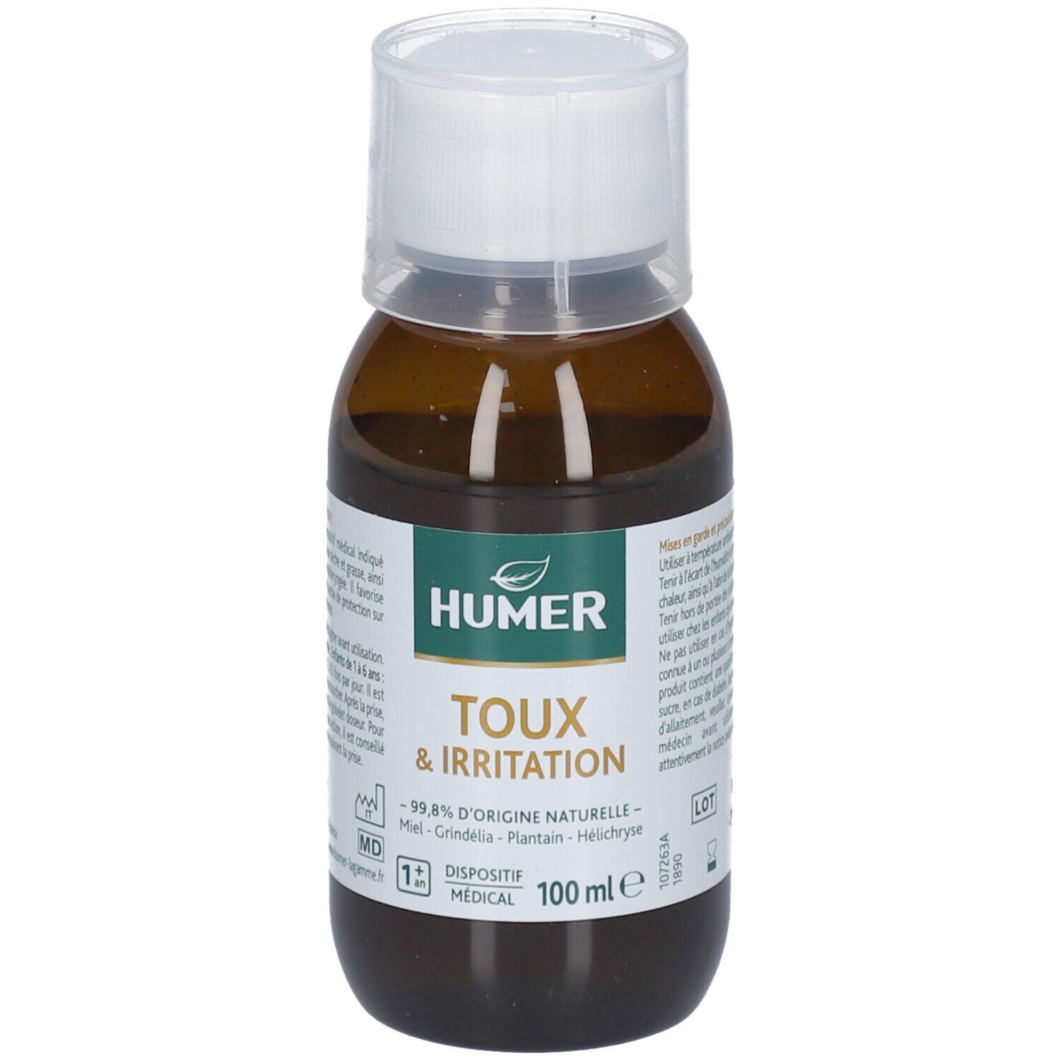 Flacon brun avec bouchon blanc. Inscription HUMER Toux & Irritation. Texte en français.