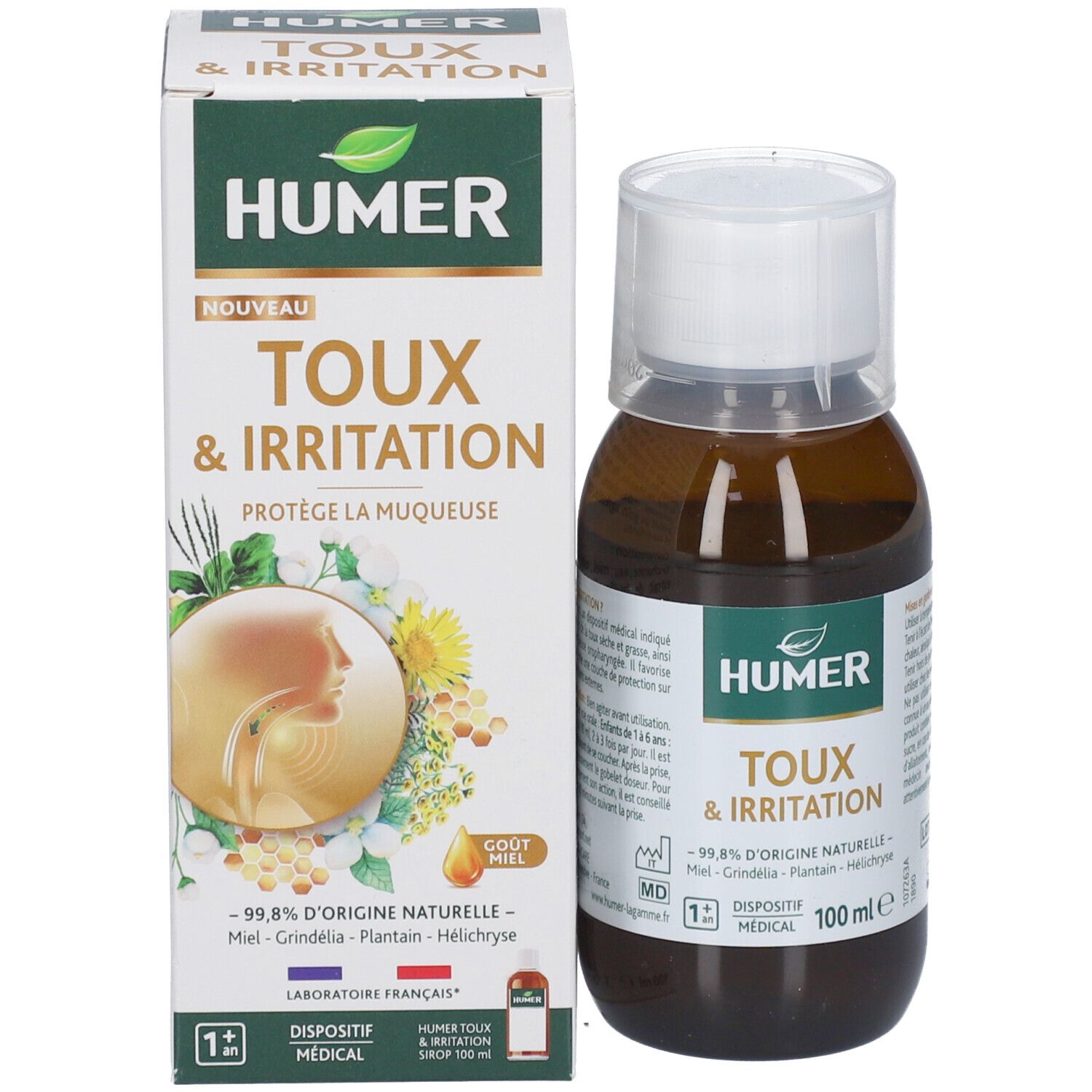 Emballage du produit avec flacon et boîte. Inscription HUMER Toux & Irritation. Texte en français.