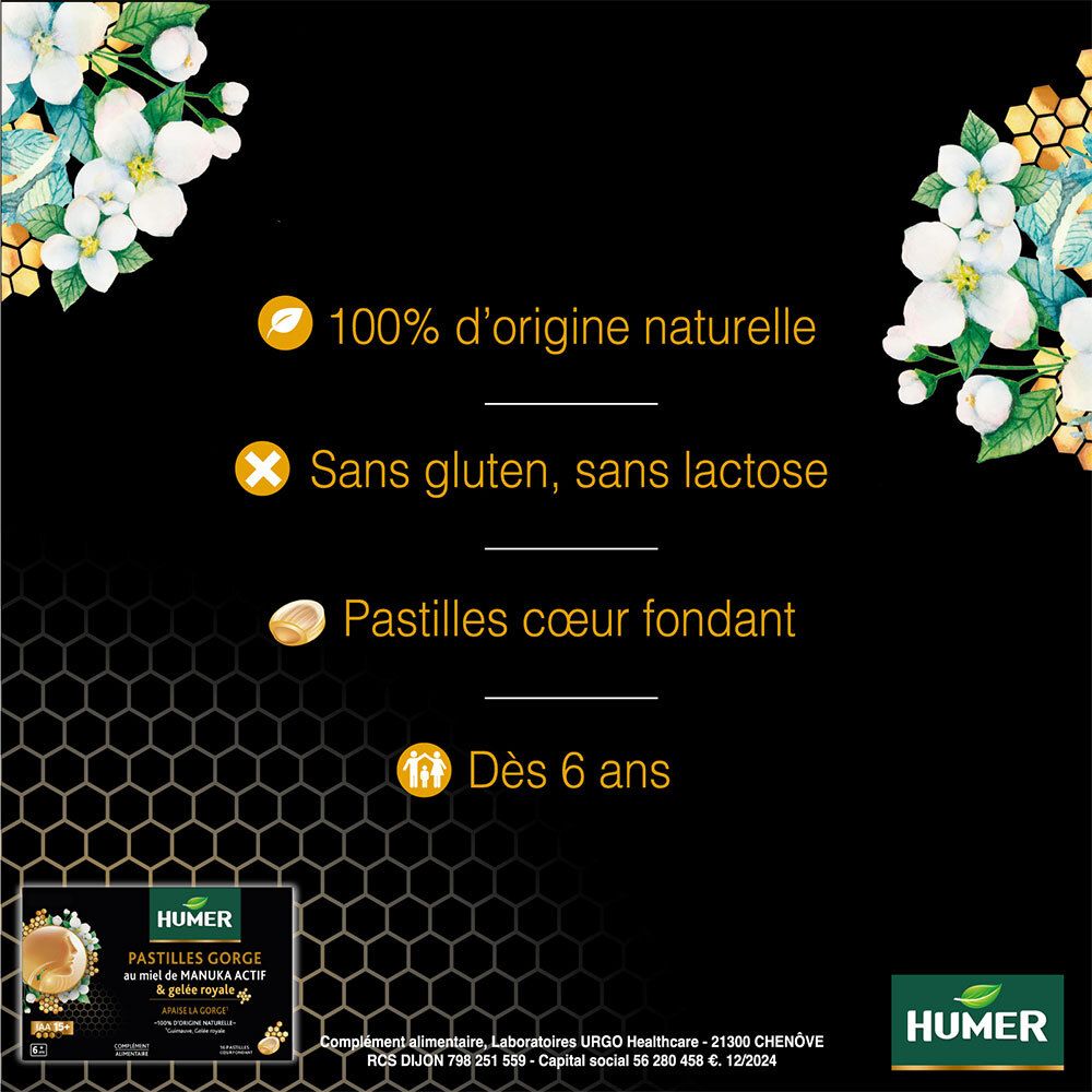 Graphique avec informations produit : 100% naturel, sans gluten, sans lactose, Pastilles cœur fondant, dès 6 ans.