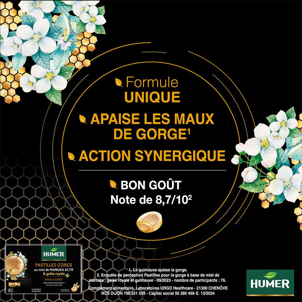 Graphique avec avantages produit : Formule unique, apaise les maux de gorge, action synergique, bon goût.