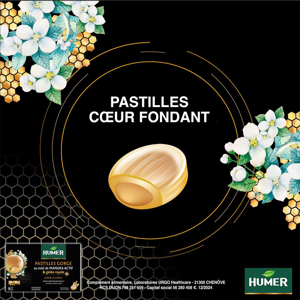 Humer Pastilles Gorge: Pastille fondante au goût miel de Manuka et gelée royale.