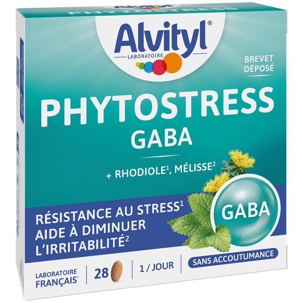 Boîte Alvityl PHYTOSTRESS GABA. Boîte bleue et blanche avec nom du produit et ingrédients. 28 comprimés.
