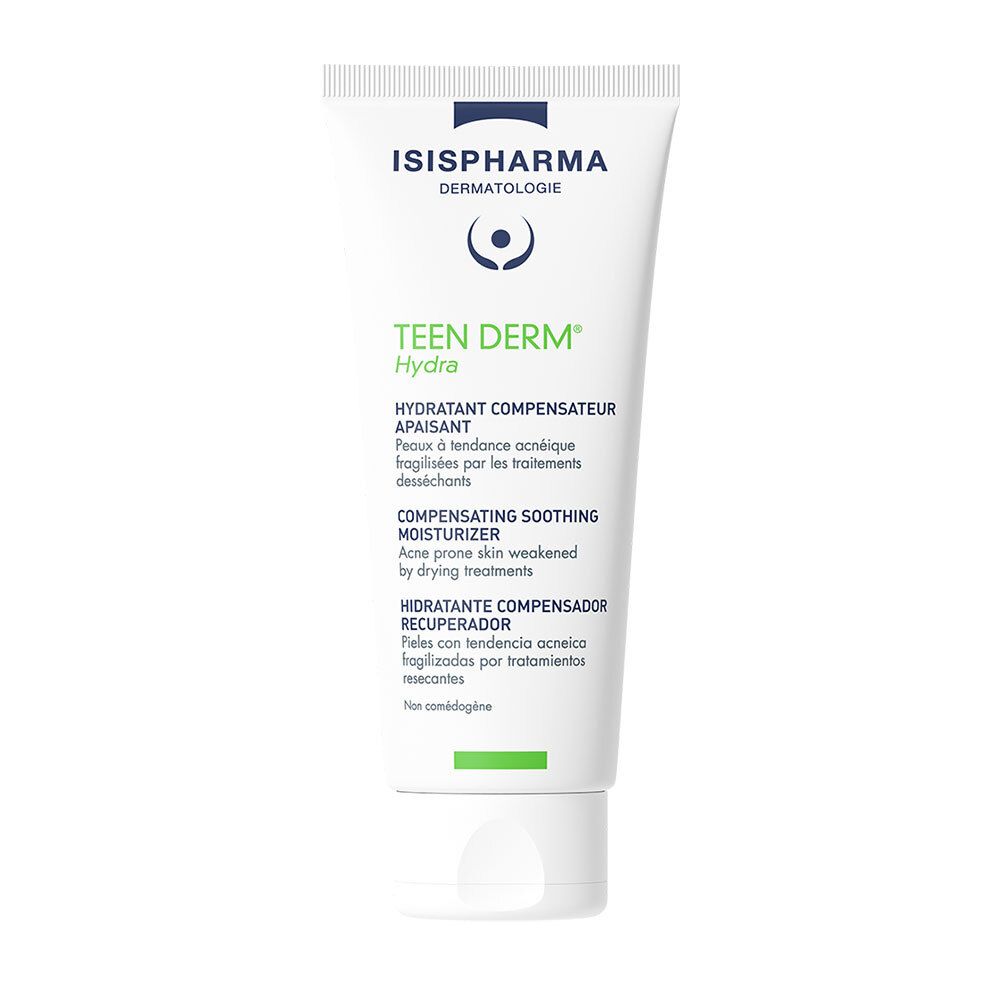 Tube blanc avec impression verte et bleue. Contient Teen Derm Hydra d'ISISPHARMA. Texte en français, anglais et espagnol.