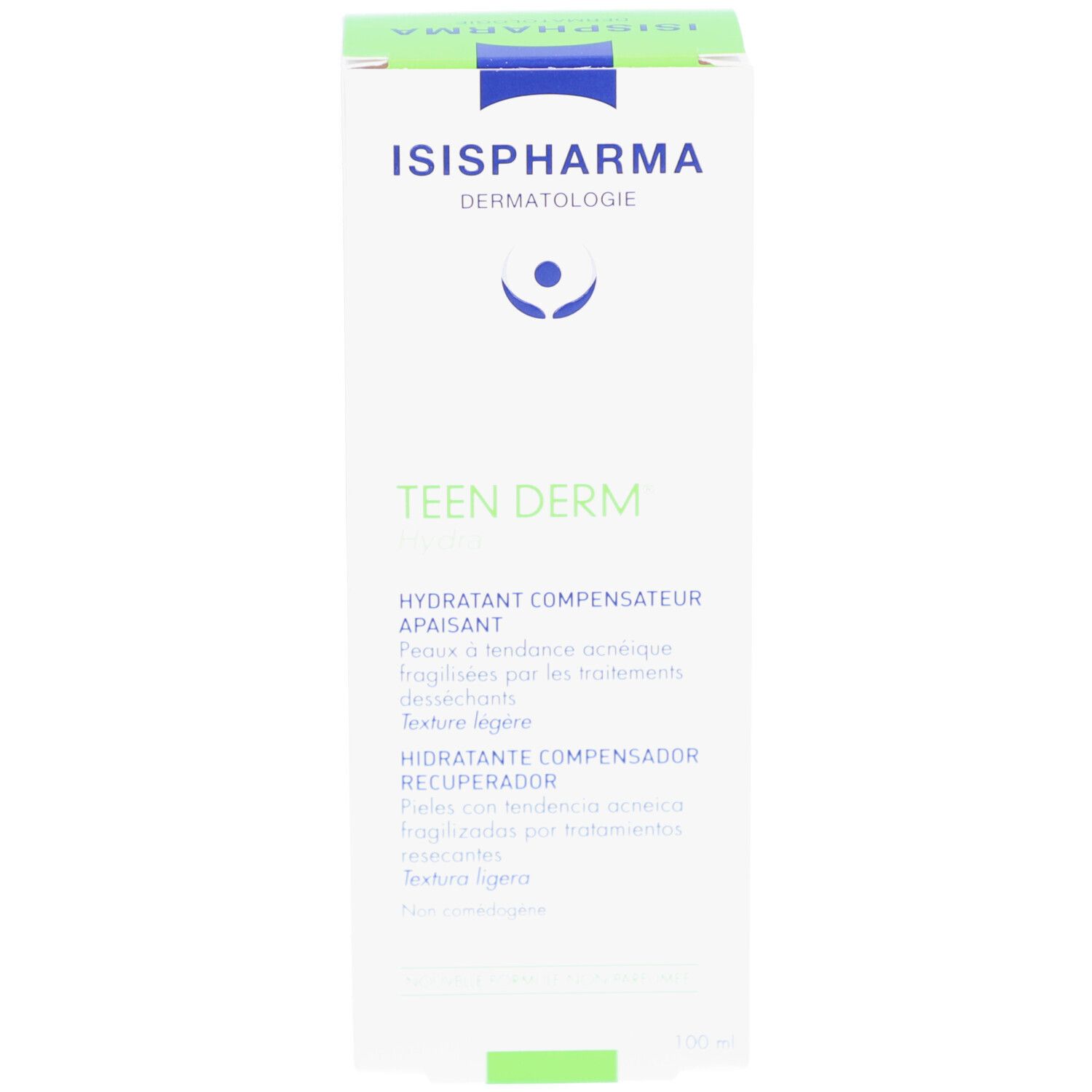 Boîte verte et blanche. Contient Teen Derm Hydra d'ISISPHARMA. Texte en français, anglais et espagnol. Indication de volume.