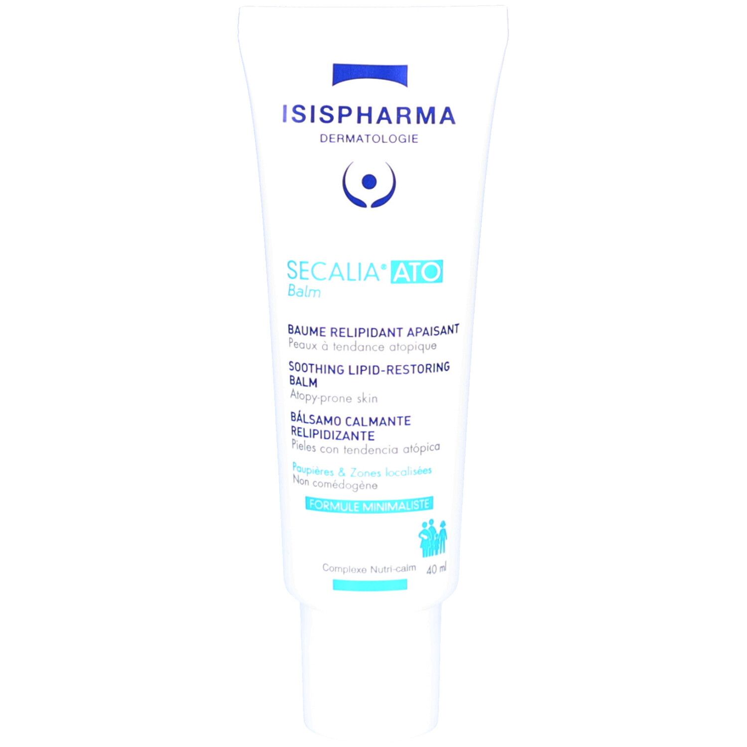 Tube et boîte ISISPHARMA Secalia ATO Balm. Textes multilingues. 40ml. Formule minimaliste.