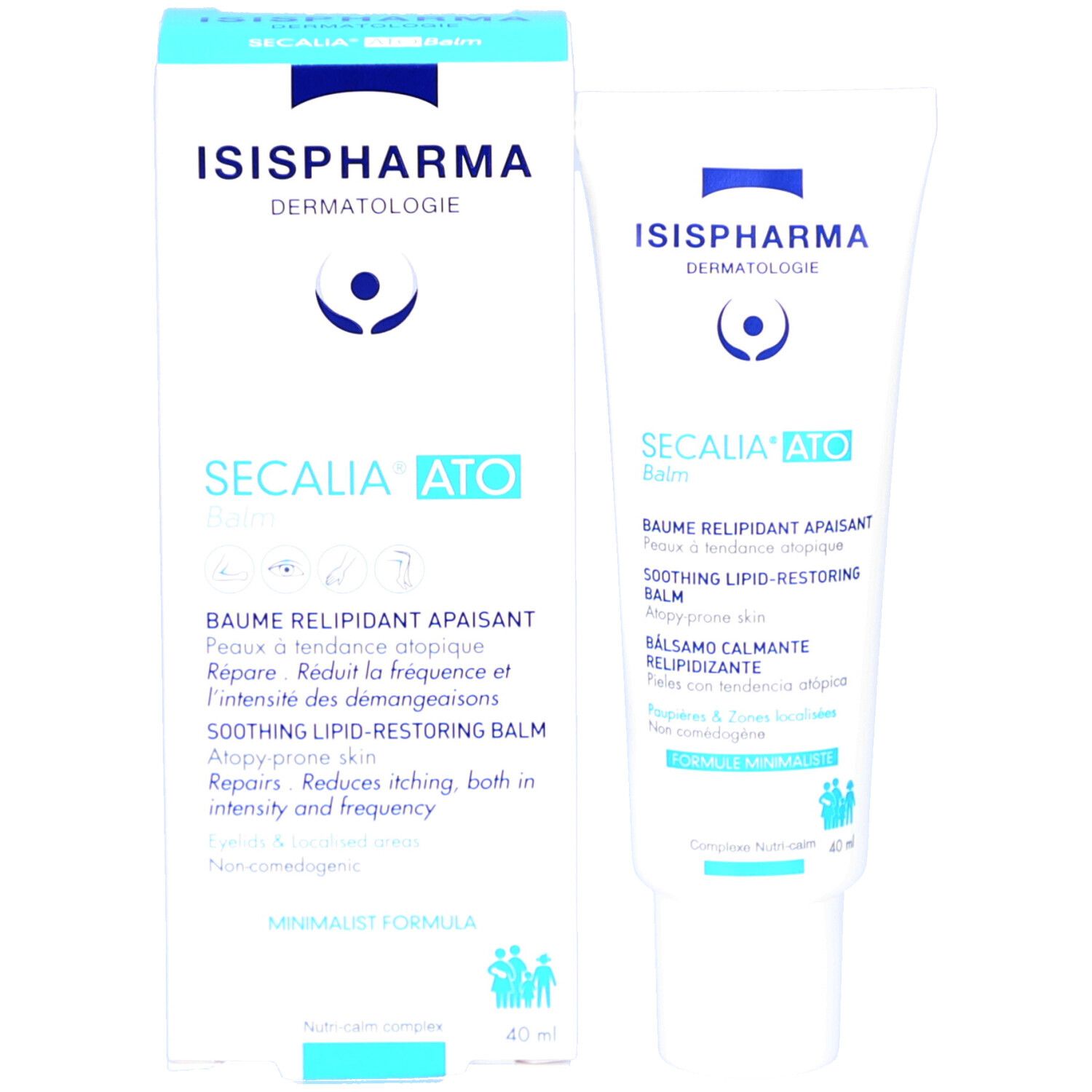 Côté de la boîte. Texte multilingue. ISISPHARMA. Informations sur le produit.