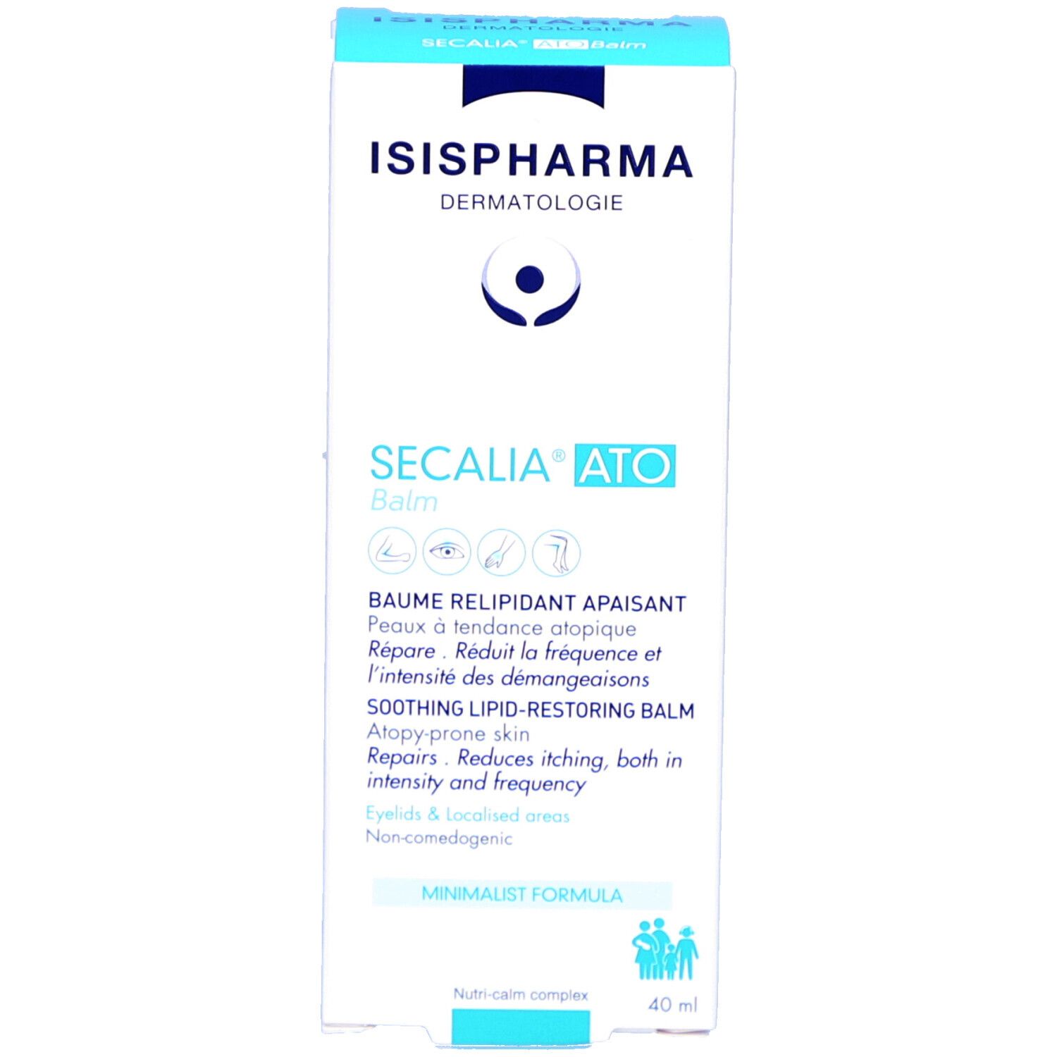 Boîte blanche. ISISPHARMA Secalia ATO Balm. Textes multilingues. 40ml.