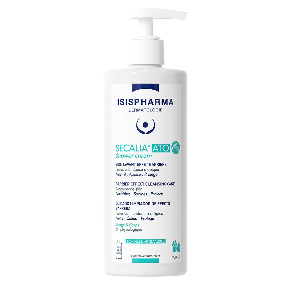 Flacon blanc avec pompe. ISISPHARMA Secalia Ato Shower Cream. Textes en français et anglais. 400ml.