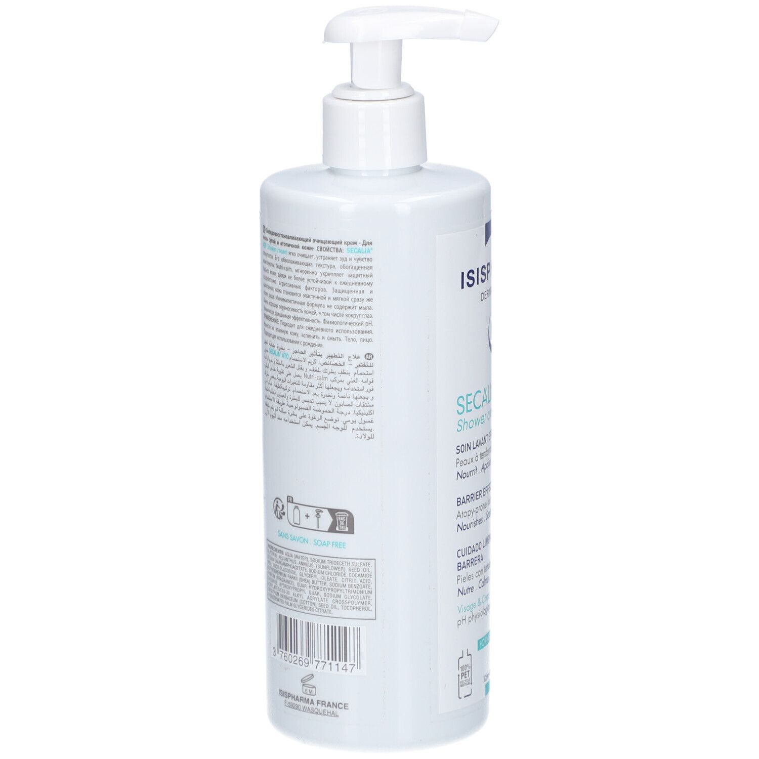 Dos du flacon blanc avec texte. Code QR et code-barres. Fabriqué en France. ISISPHARMA.