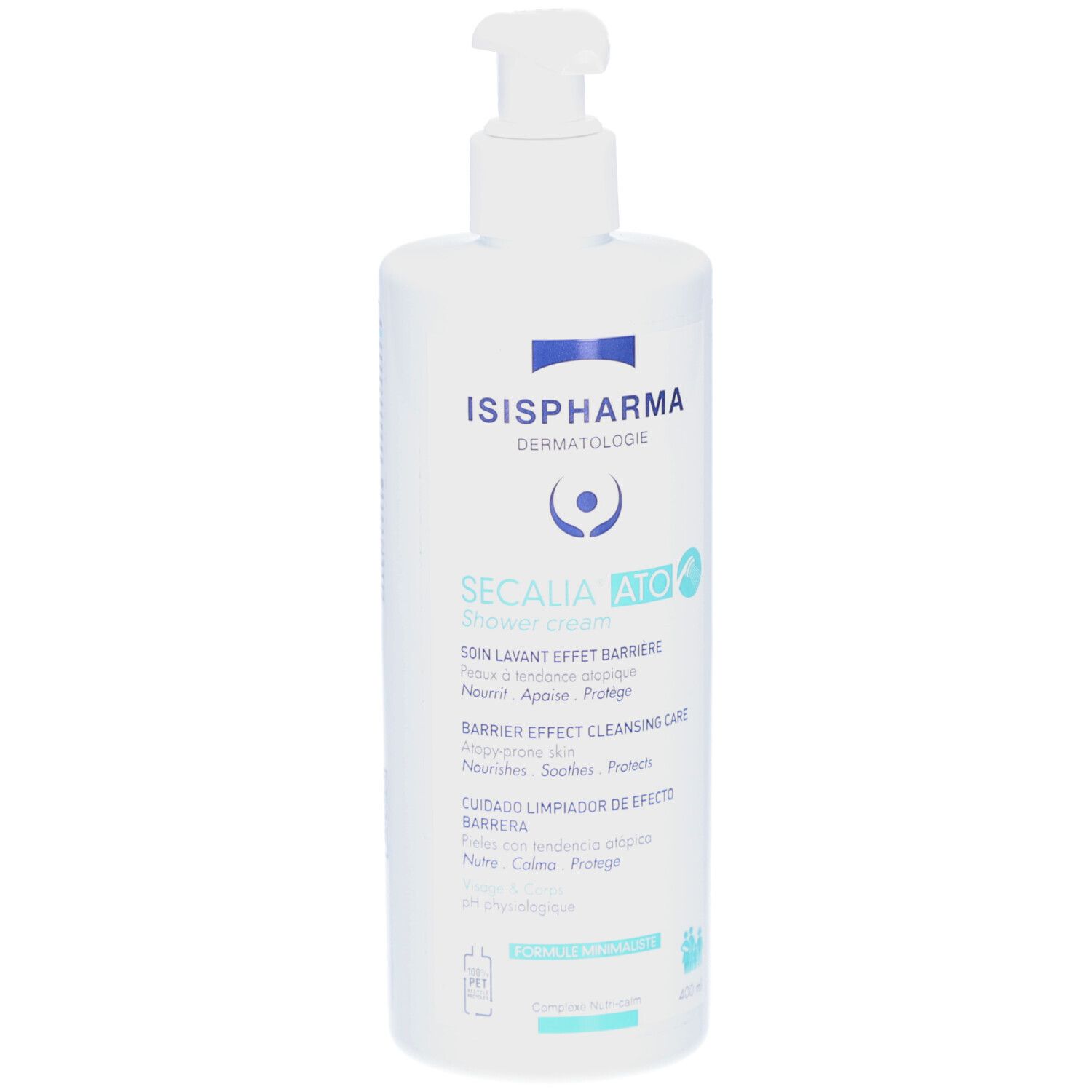 Dos du flacon blanc avec texte. Code QR et code-barres. Fabriqué en France. ISISPHARMA.