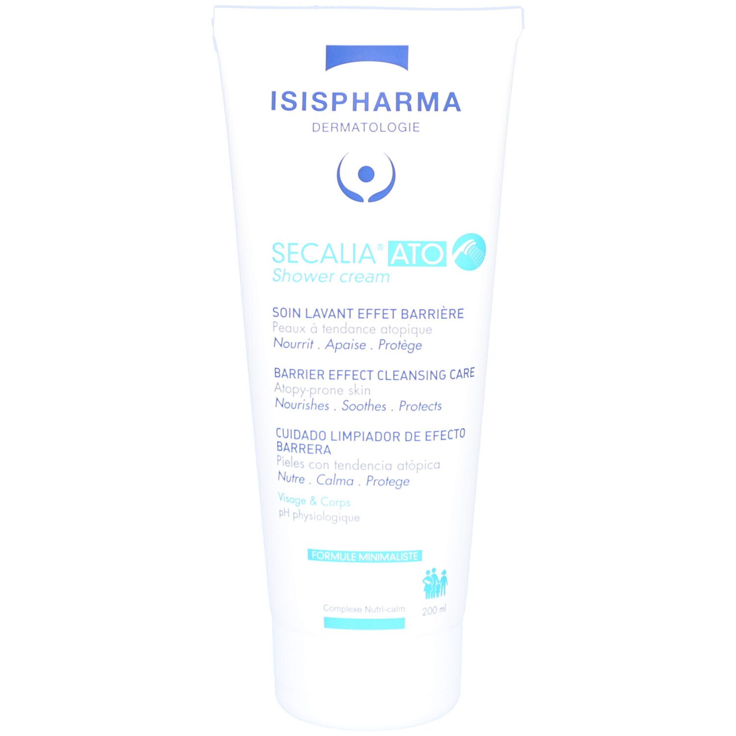 Tube blanc ISISPHARMA Secalia Ato Shower Cream. Texte: Secalia Ato, Soin lavant effet barrière. pH physiologique. 200ml.