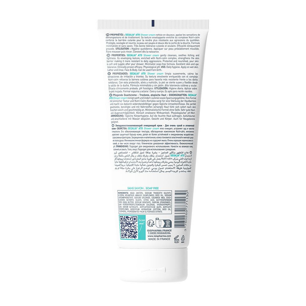Dos du tube blanc ISISPHARMA Secalia Ato Shower Cream. Texte et ingrédients. Code QR et symboles de recyclage.