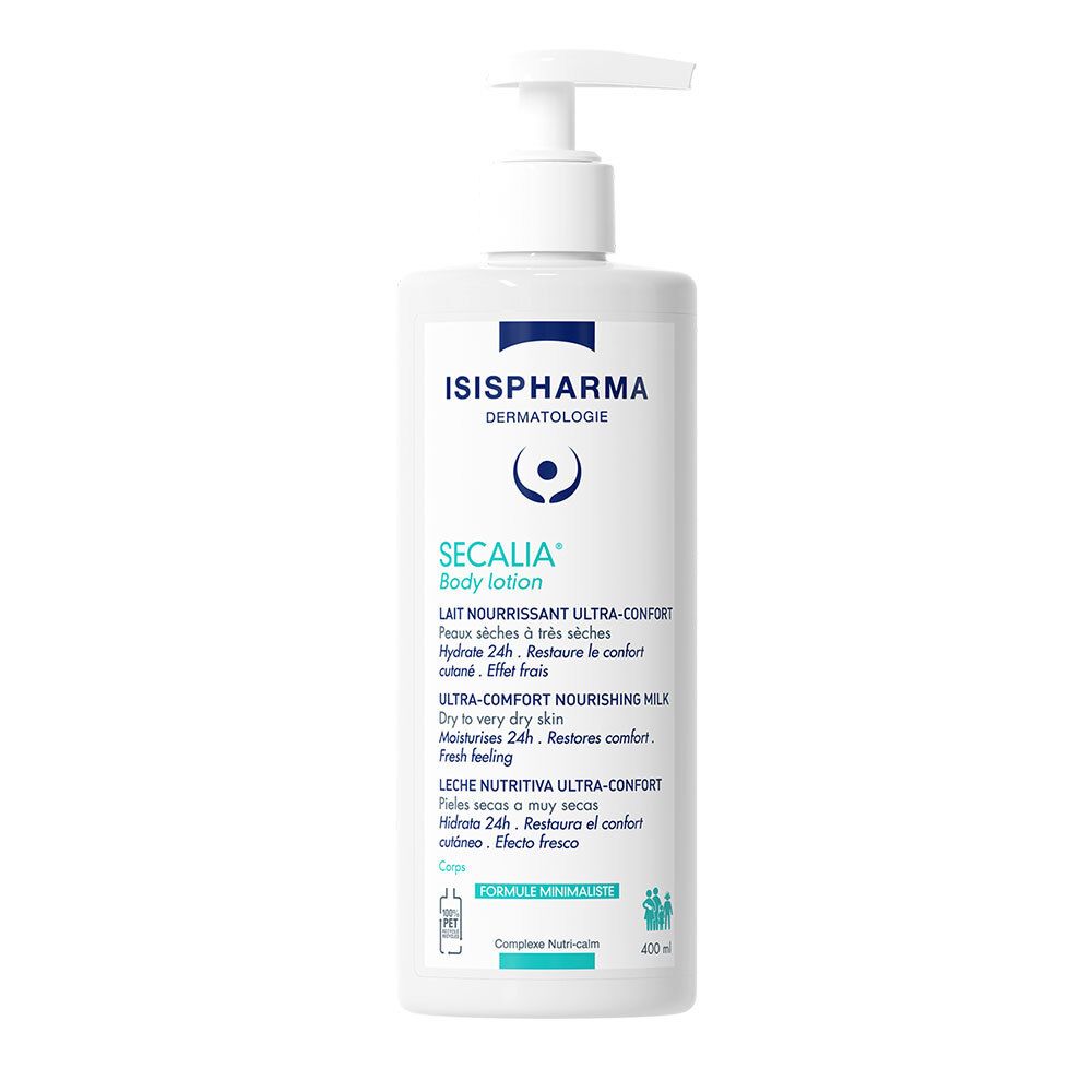 Flacon blanc ISISPHARMA Secalia Body Lotion avec pompe. Texte: Lait Nourrissant Ultra-Confort, Hydrate 24h, Ultra-Comfort Nourishing Milk.