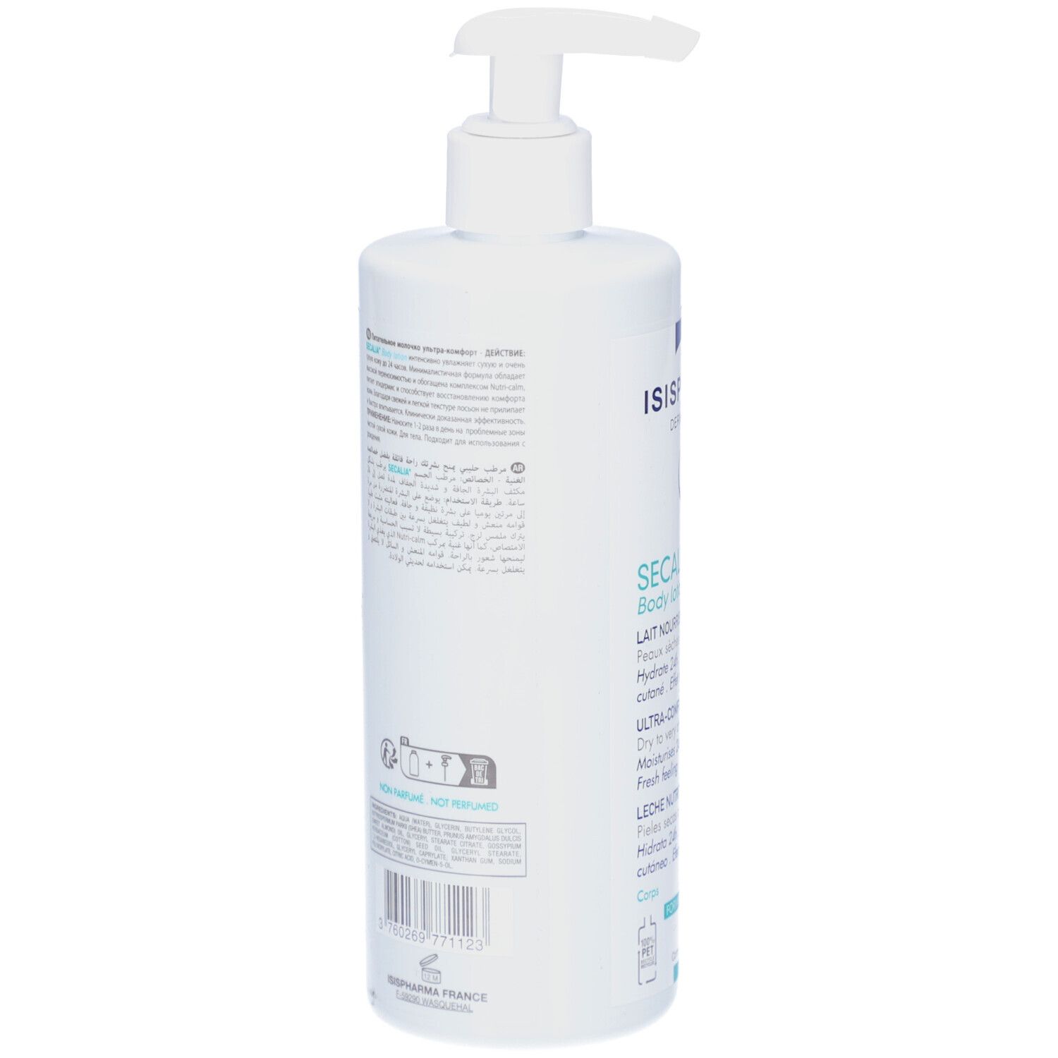 Dos du flacon blanc ISISPHARMA Secalia Body Lotion. Texte et code QR. Fabriqué en France.