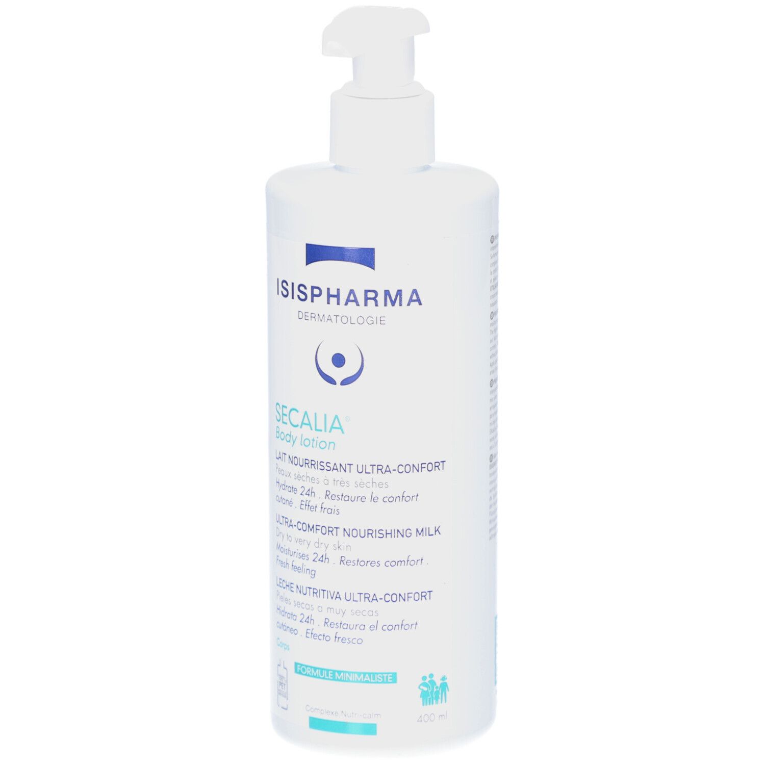 Flacon blanc ISISPHARMA Secalia Body Lotion avec pompe. Texte: Lait Nourrissant Ultra-Confort, Hydrate 24h, Ultra-Comfort Nourishing Milk.